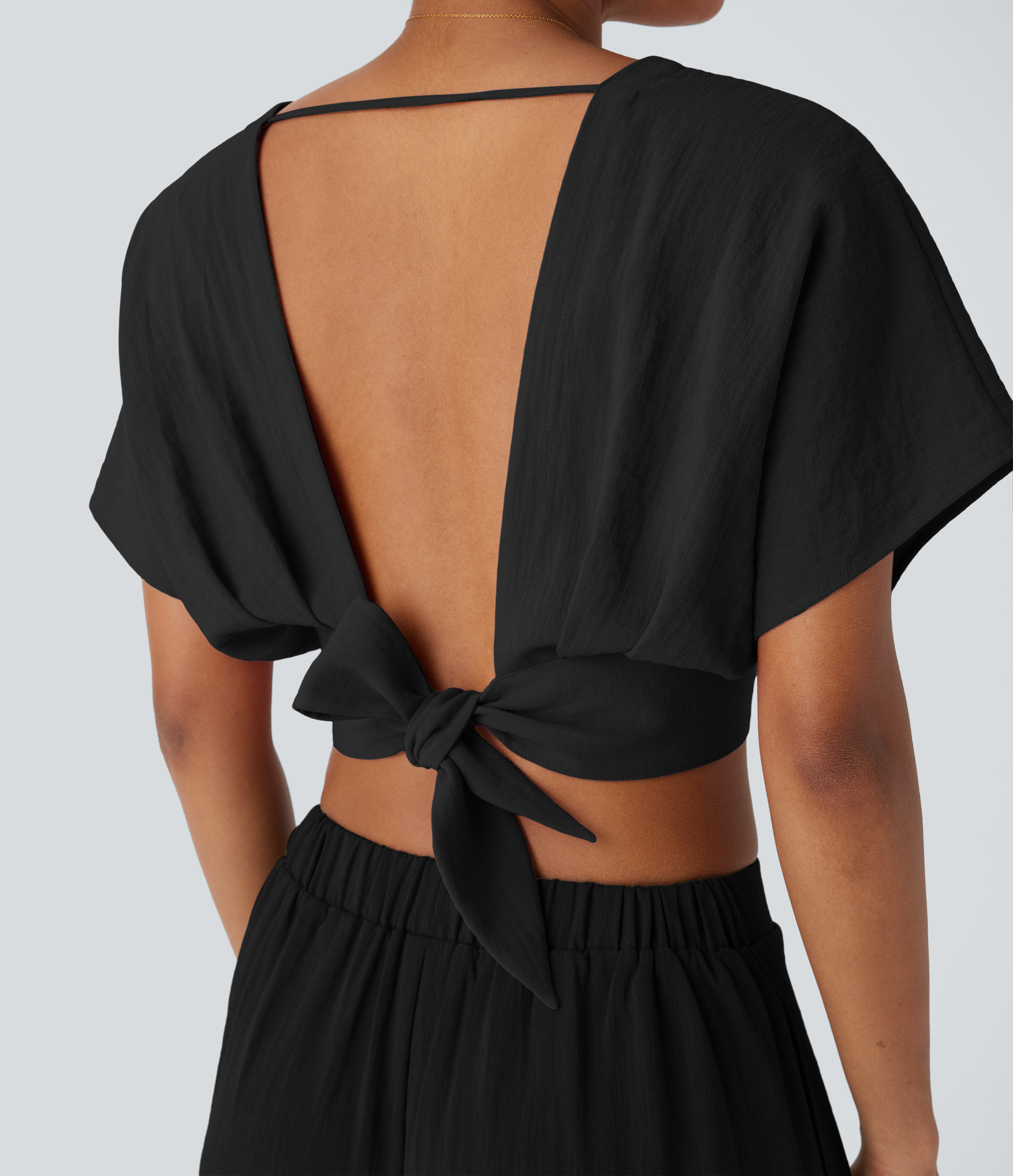 Halara V Neck Short Sleeve Backless Tie Back Crossover Hem Cropped Resort Linen-Feel Top Tank Top - Black - XL golf tops halter top 