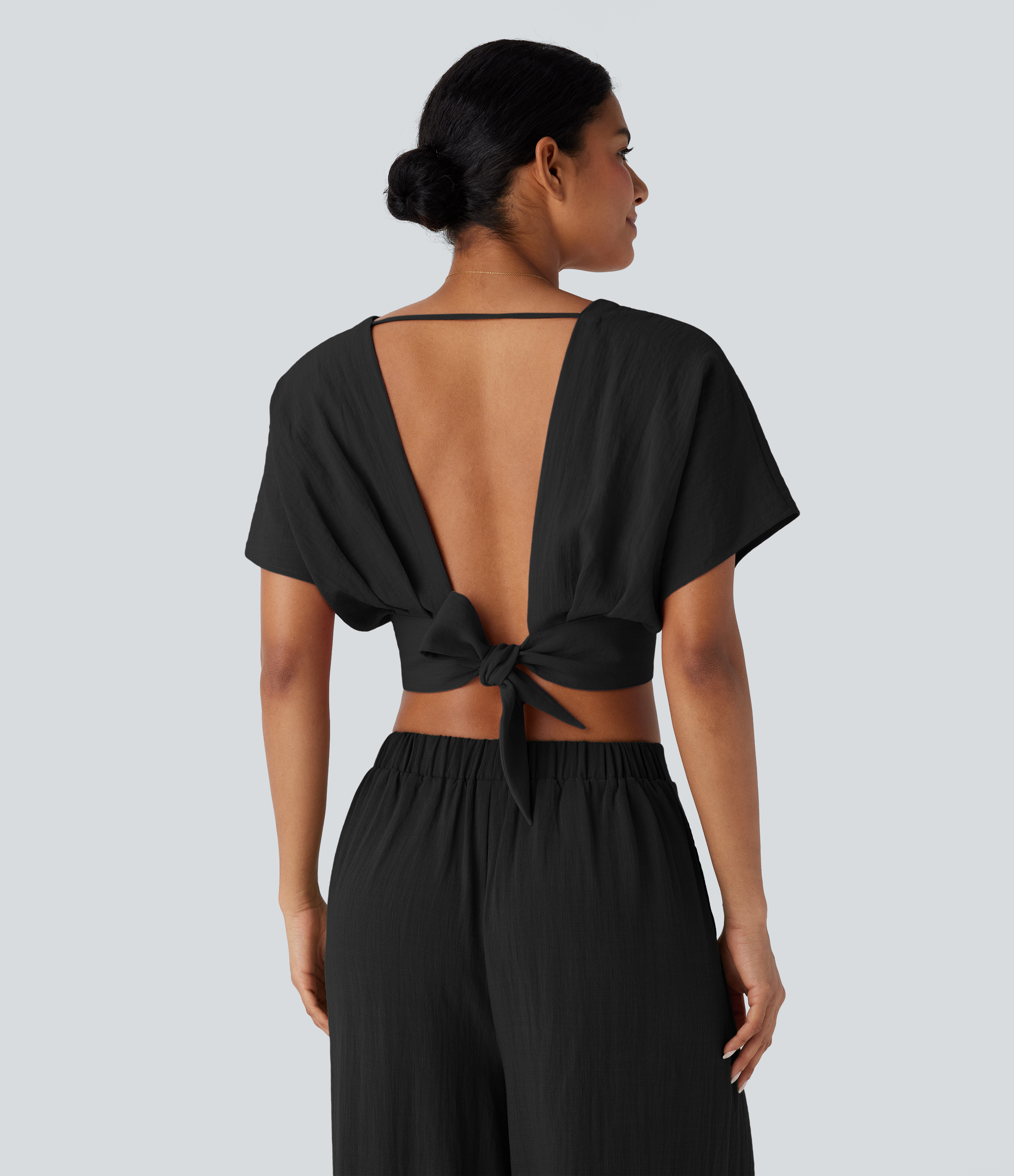 Halara V Neck Short Sleeve Backless Tie Back Crossover Hem Cropped Resort Linen-Feel Top Tank Top - Black - XL golf tops halter top 