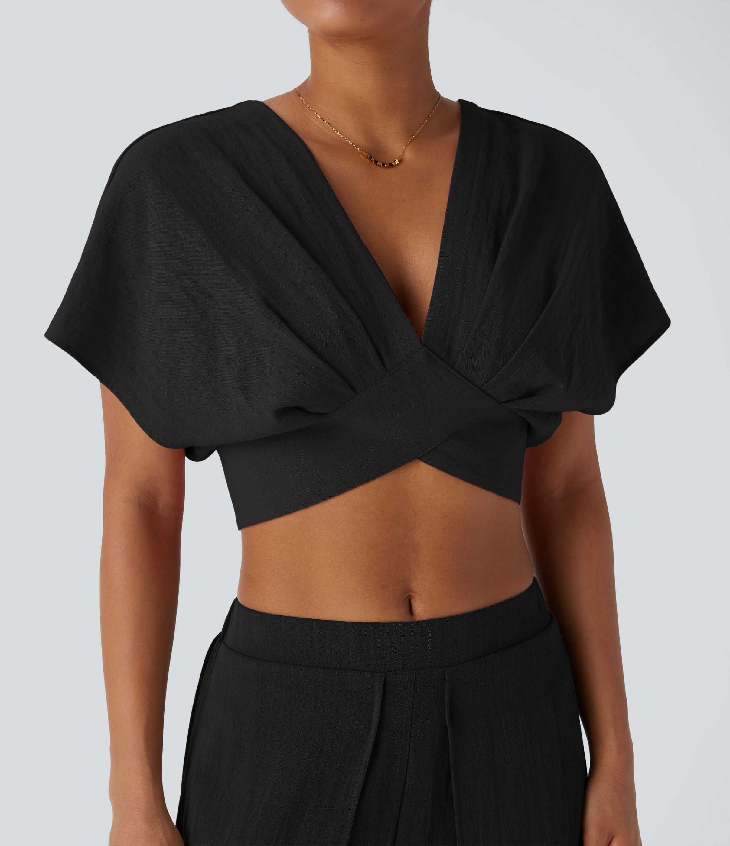Halara V Neck Short Sleeve Backless Tie Back Crossover Hem Cropped Resort Linen-Feel Top Tank Top - Black - XL golf tops halter top 