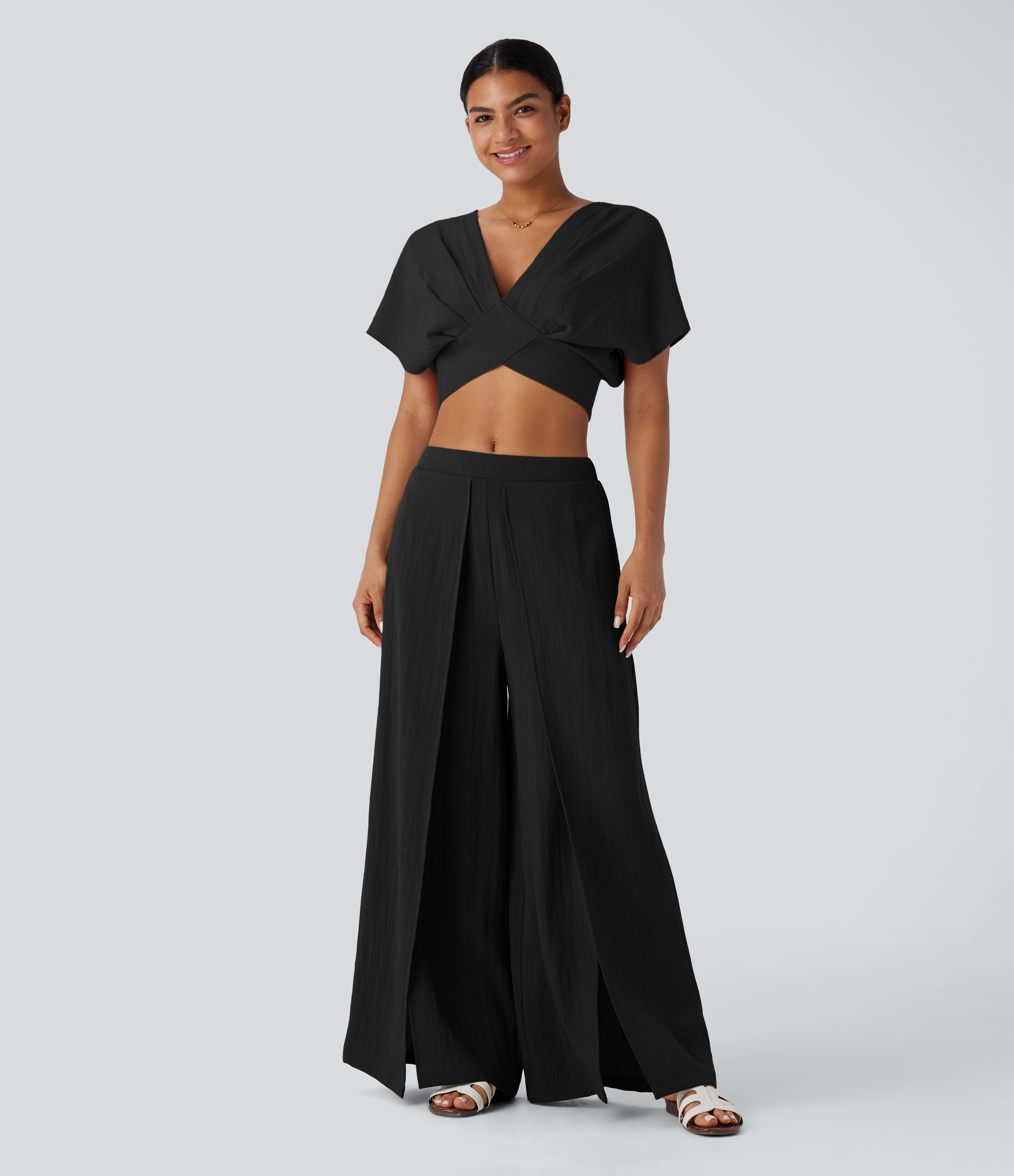 Halara V Neck Short Sleeve Backless Tie Back Crossover Hem Cropped Resort Linen-Feel Top Tank Top - Black - XL golf tops halter top 