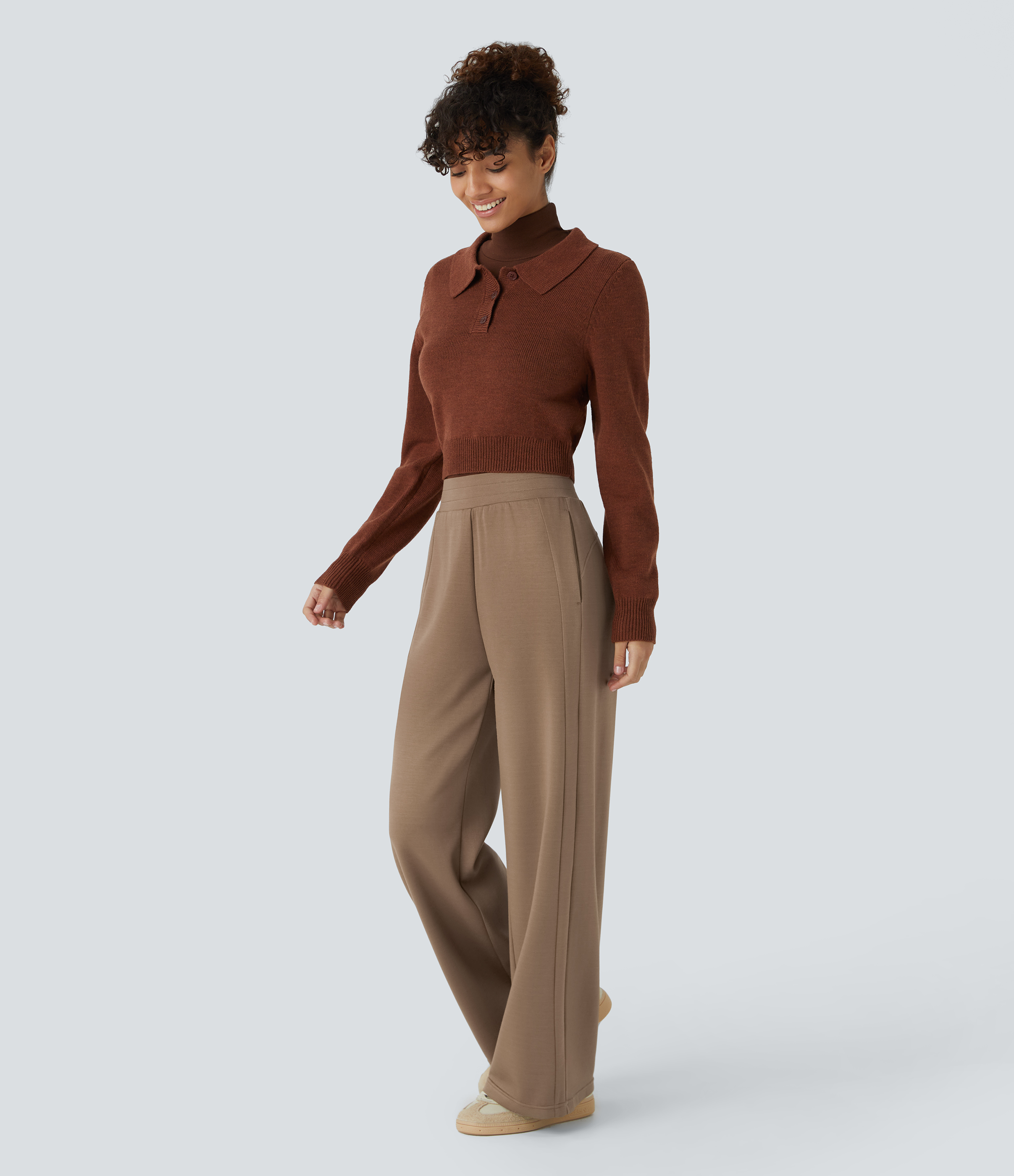Halara Mid Rise Side Pocket Relaxed Fit Straight Leg Casual Pants  - Metallic Brown - S(regular) sweatpants jogger pants stacked sweatpants 