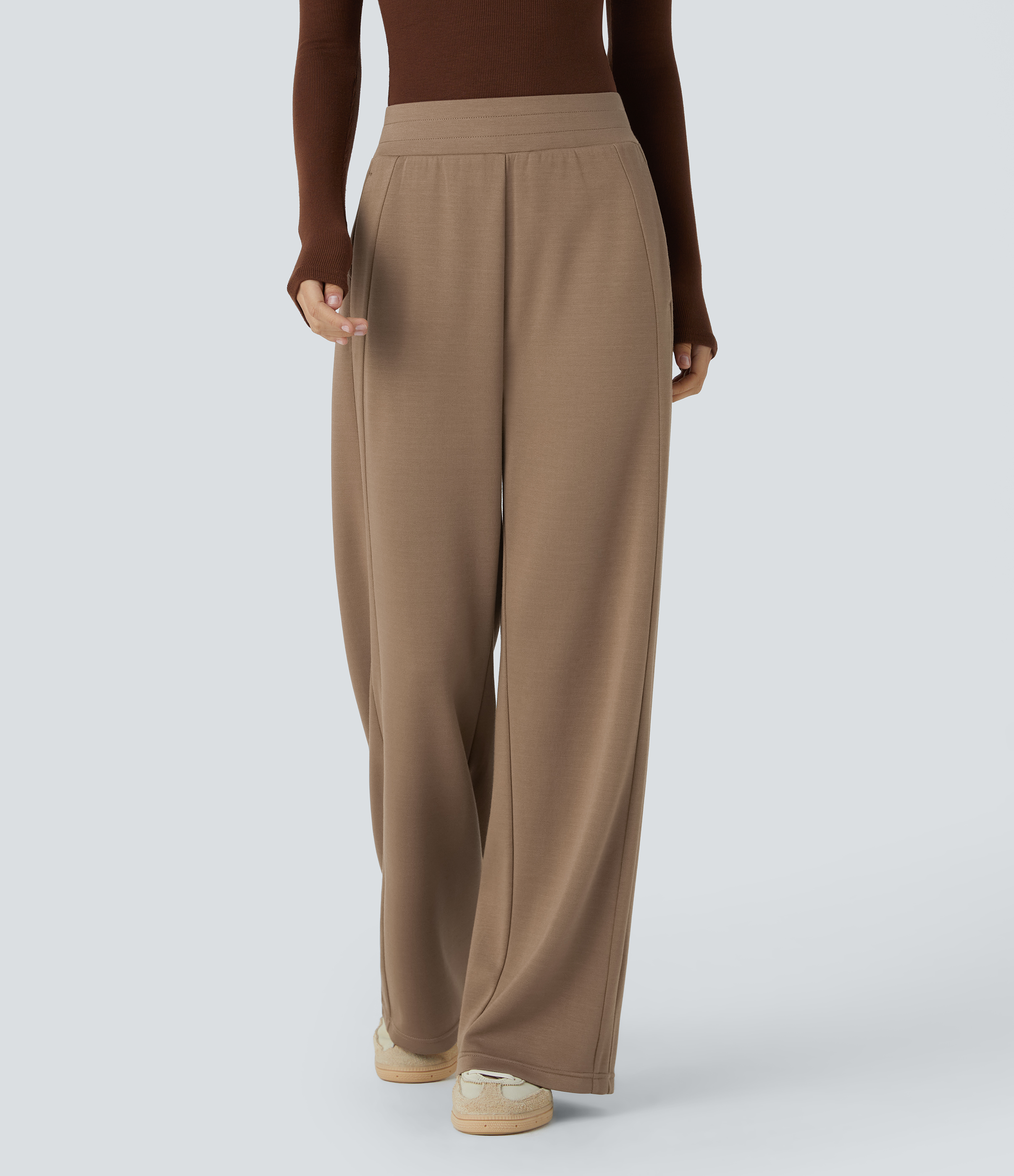 Halara Mid Rise Side Pocket Relaxed Fit Straight Leg Casual Pants  - Metallic Brown - S(regular) sweatpants jogger pants stacked sweatpants 
