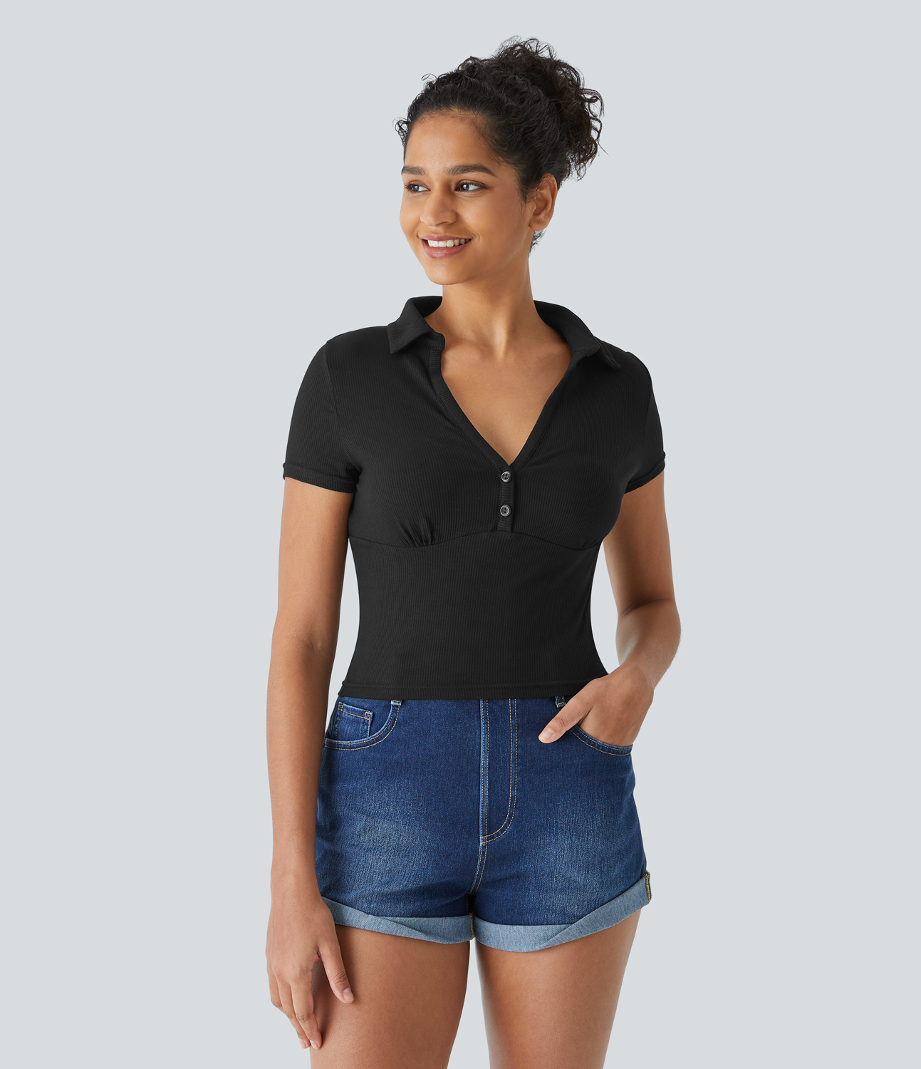 Halara Ribbed Knit V Neck Button Slim Casual Top Tank Top - Black - M golf tops halter top tunic tops sleeveless tops backless top 