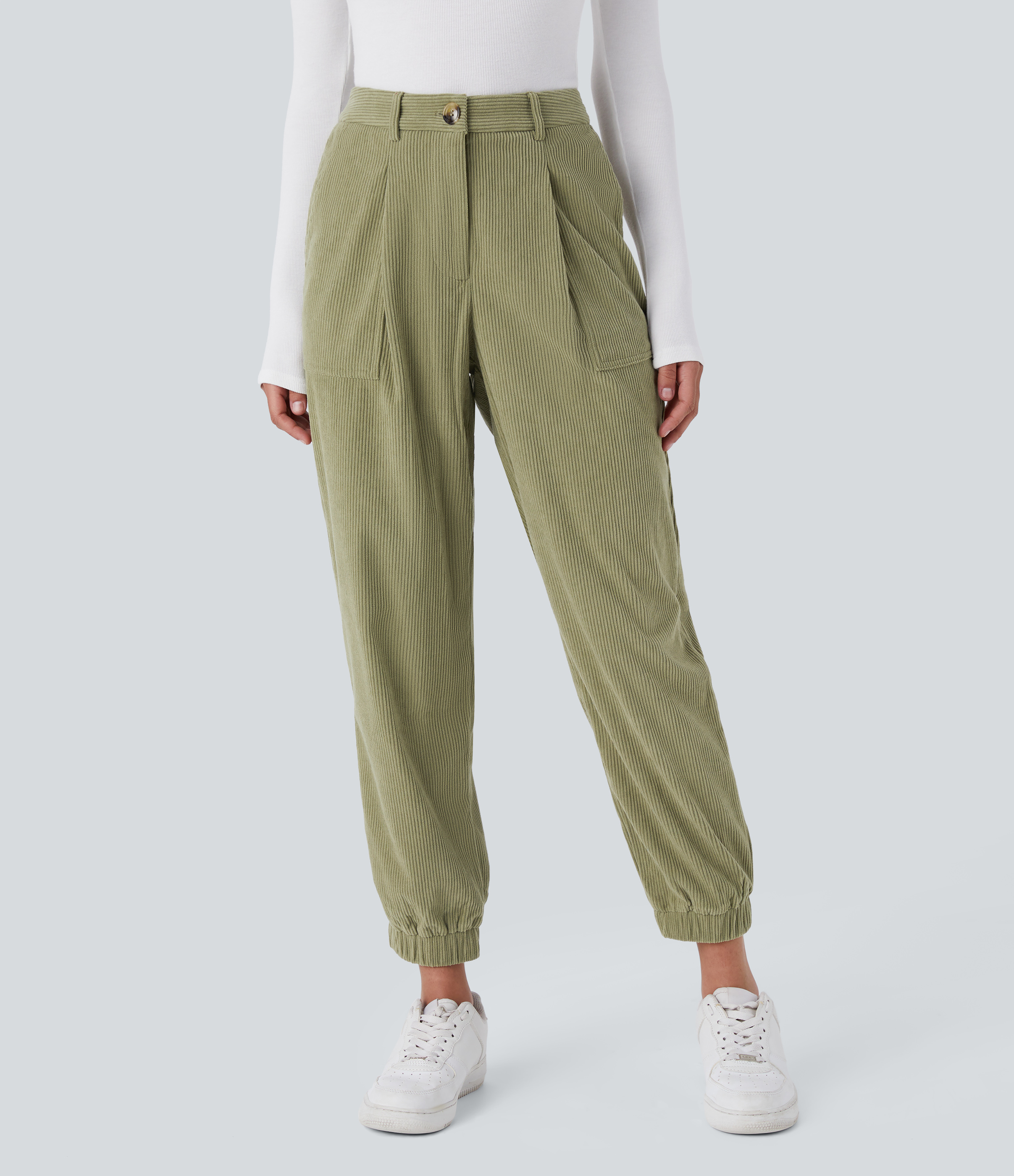Halara Mid Rise Button Zipper Multiple Pockets Corduroy Casual Joggers  - Fresh Grass Green - XL(regular) 