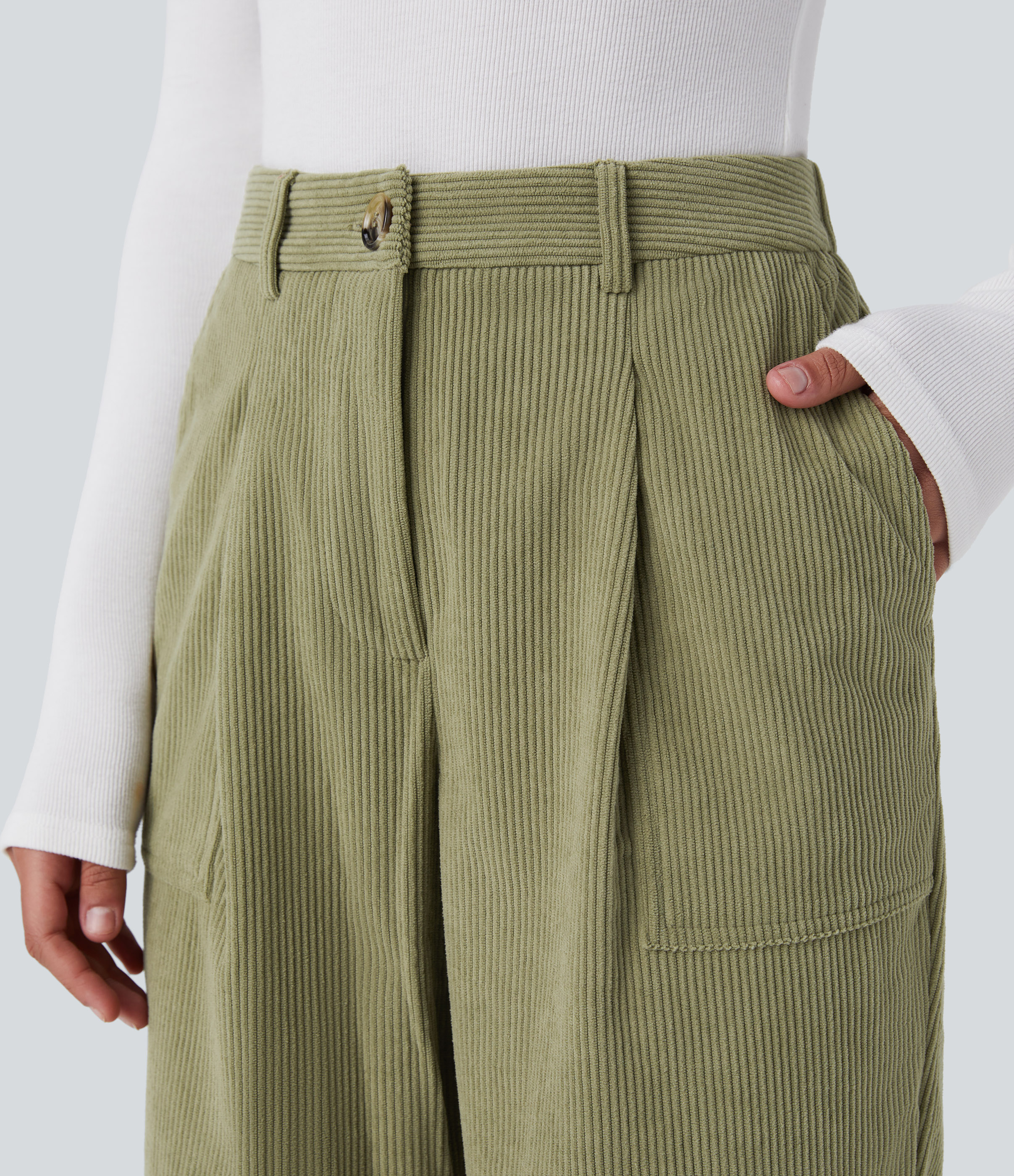 Halara Mid Rise Button Zipper Multiple Pockets Corduroy Casual Joggers  - Fresh Grass Green - XL(regular) 
