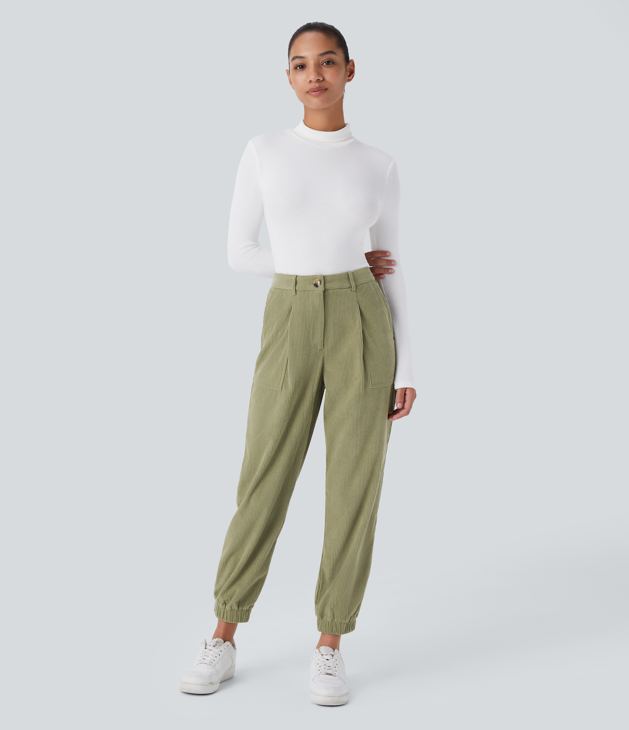Halara Mid Rise Button Zipper Multiple Pockets Corduroy Casual Joggers  - Fresh Grass Green - XL(regular) 