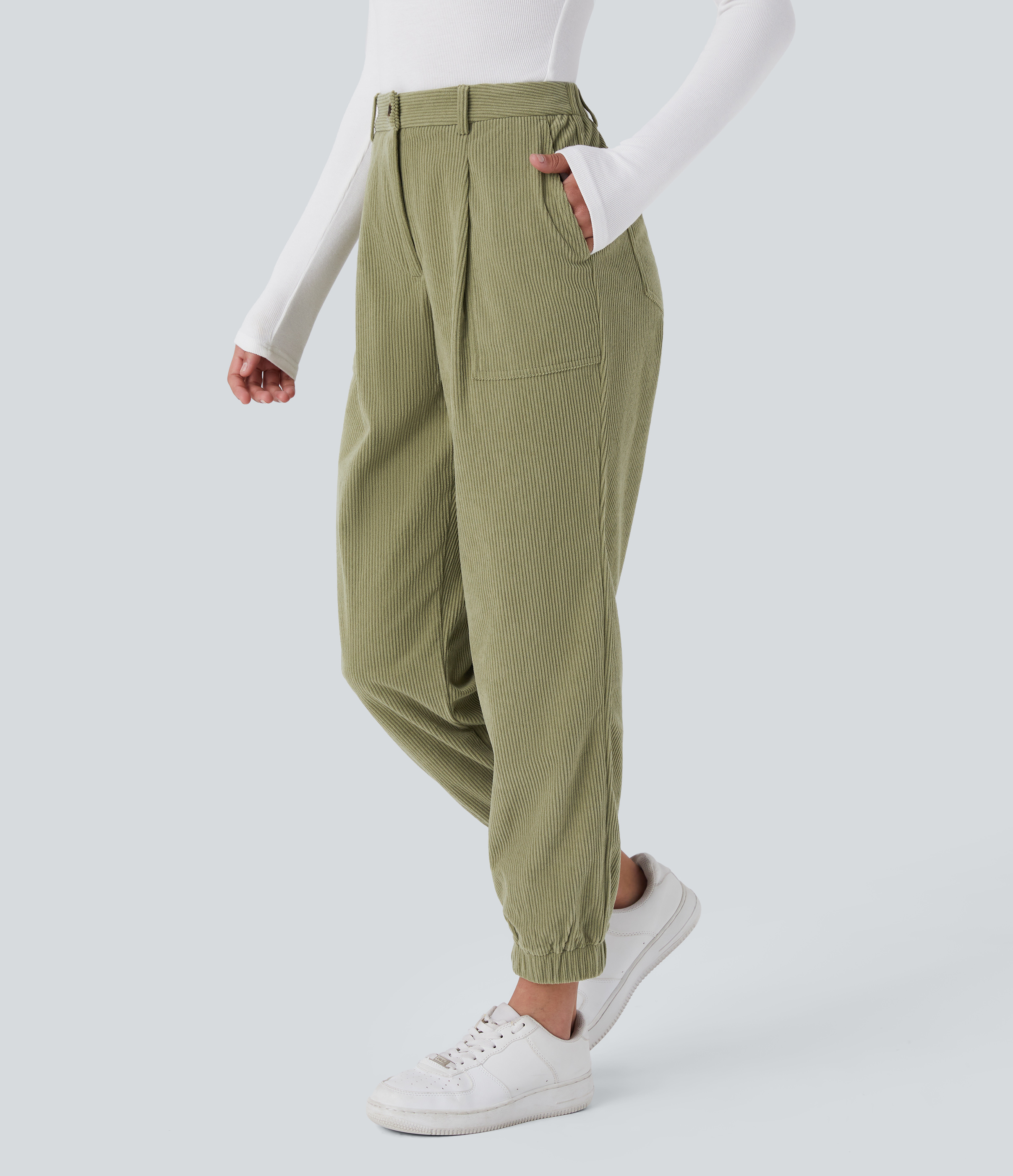 Halara Mid Rise Button Zipper Multiple Pockets Corduroy Casual Joggers  - Fresh Grass Green - XL(regular) 