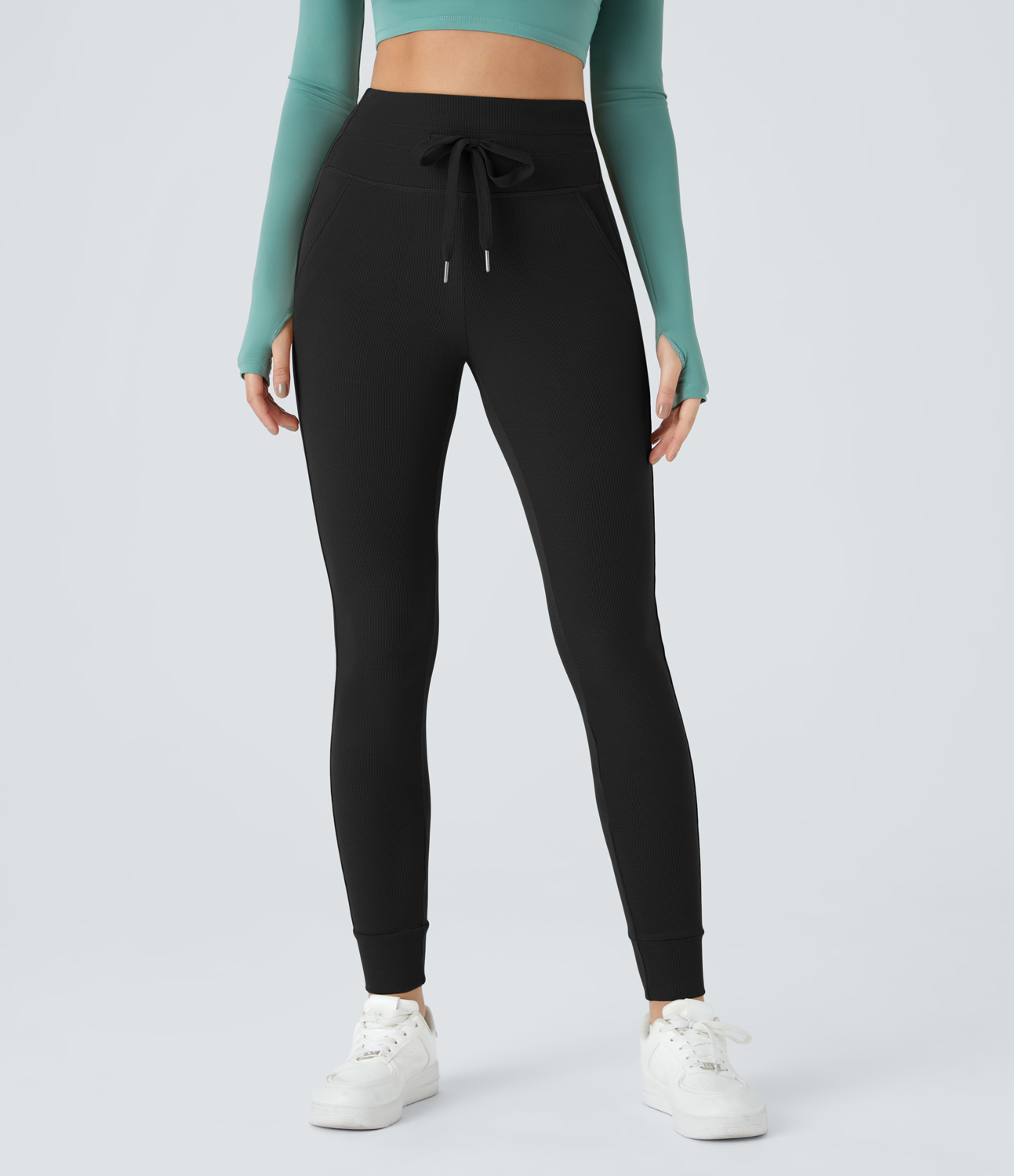 Halara High Waisted Drawstring Side Pocket Waffle Casual Joggers  - Black - L(regular) 