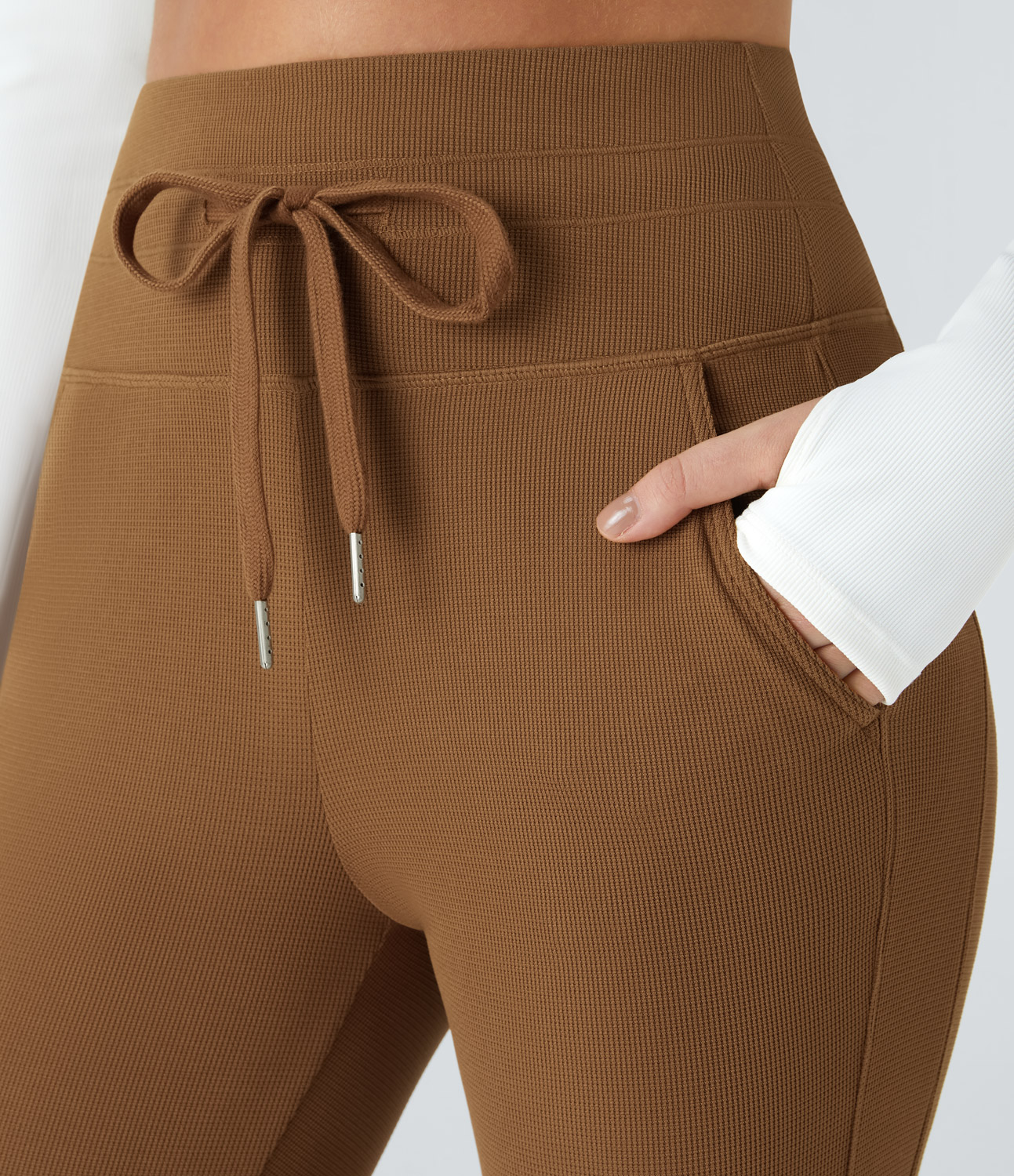 Halara High Waisted Drawstring Side Pocket Waffle Casual Joggers  - Almond Brown - XL(regular) 