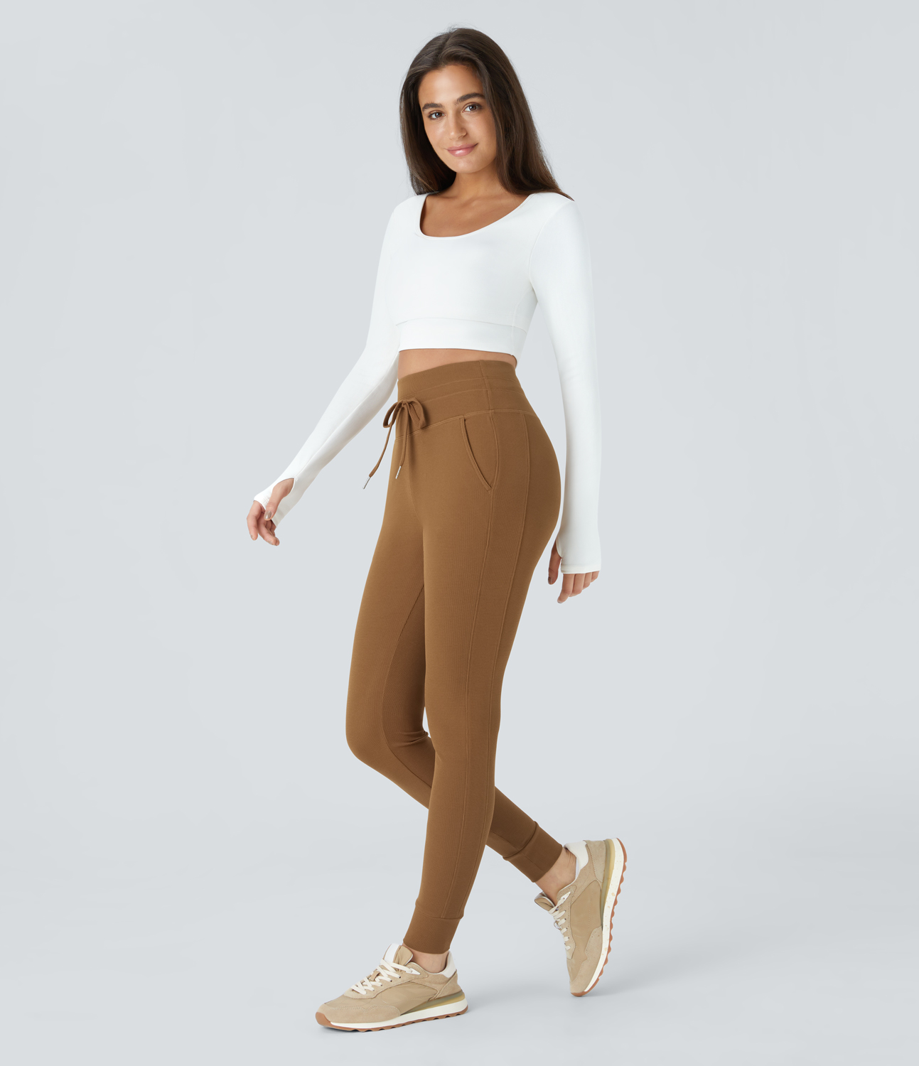 Halara High Waisted Drawstring Side Pocket Waffle Casual Joggers  - Almond Brown - XL(regular) 
