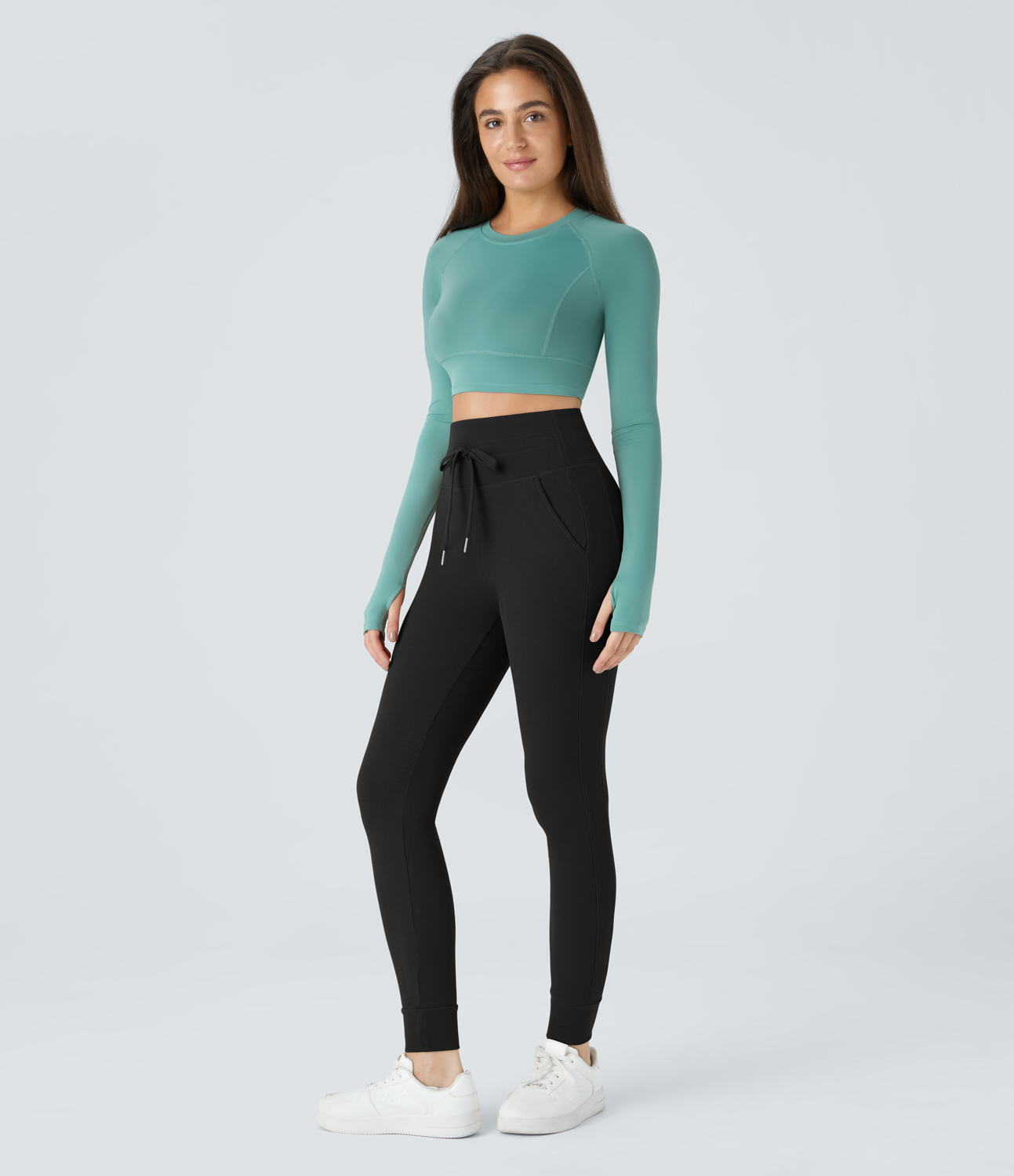 Halara High Waisted Drawstring Side Pocket Waffle Casual Joggers  - Black - L(regular) 