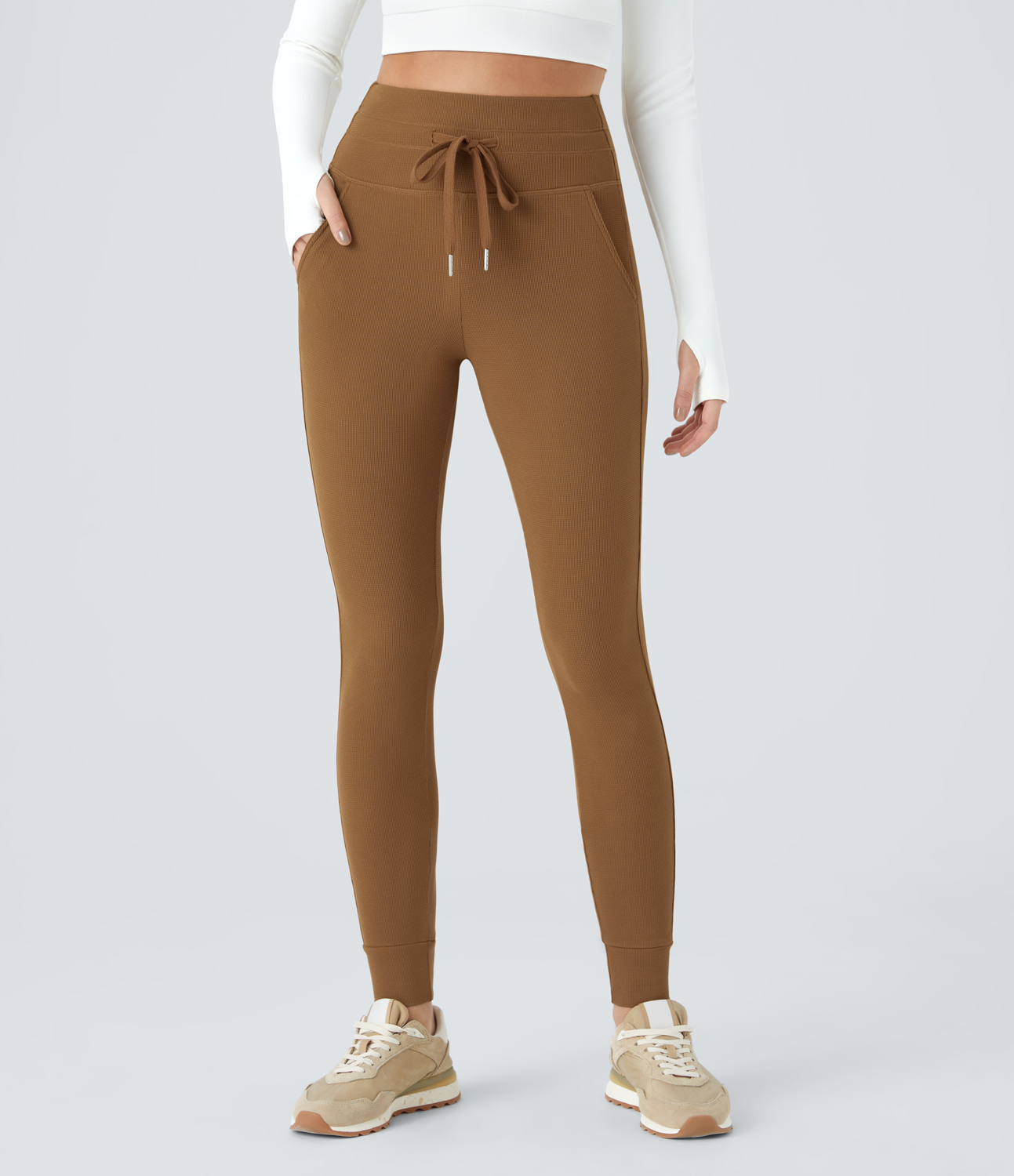 Halara High Waisted Drawstring Side Pocket Waffle Casual Joggers  - Almond Brown - XL(regular) 