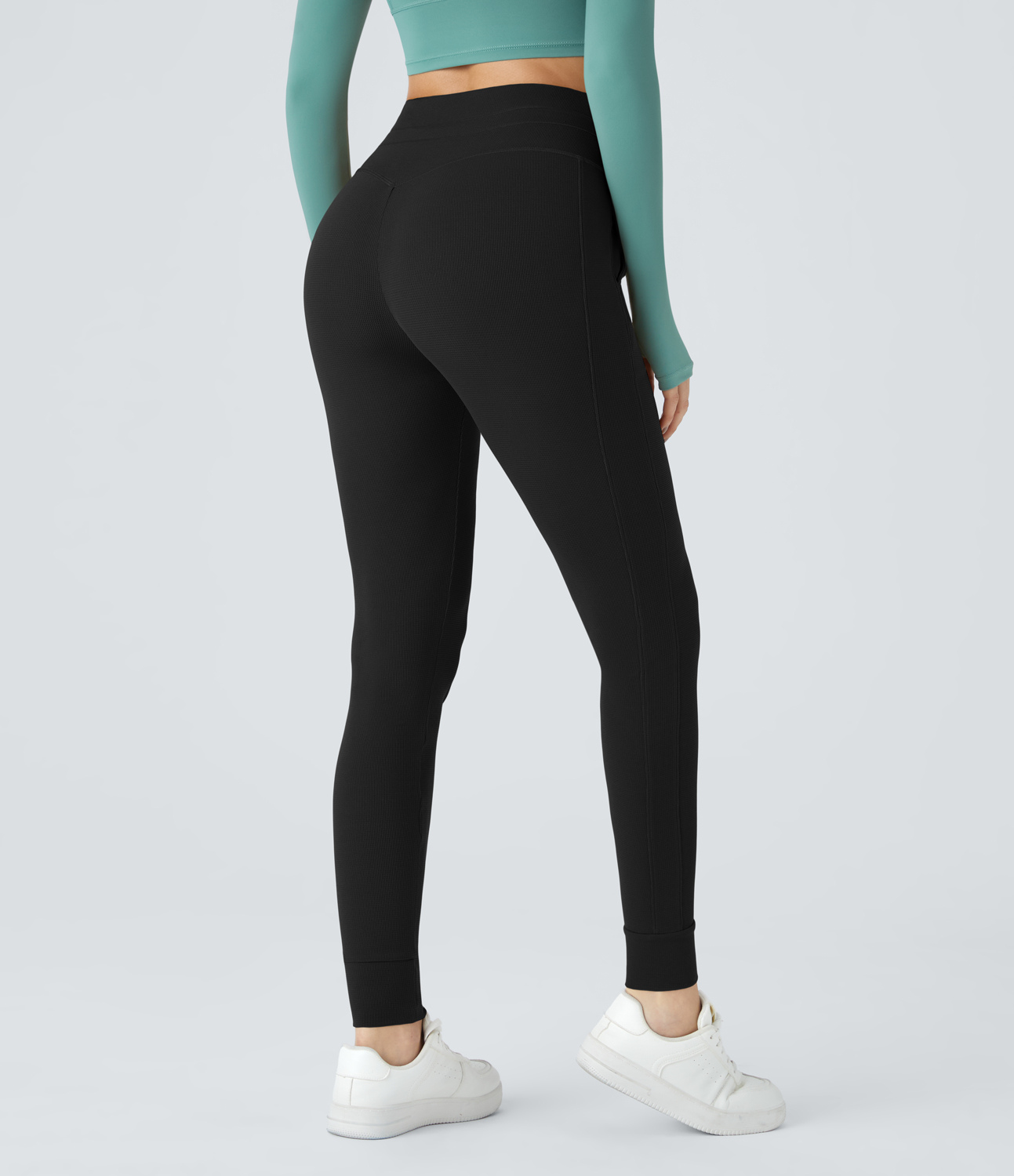 Halara High Waisted Drawstring Side Pocket Waffle Casual Joggers  - Black - L(regular) 
