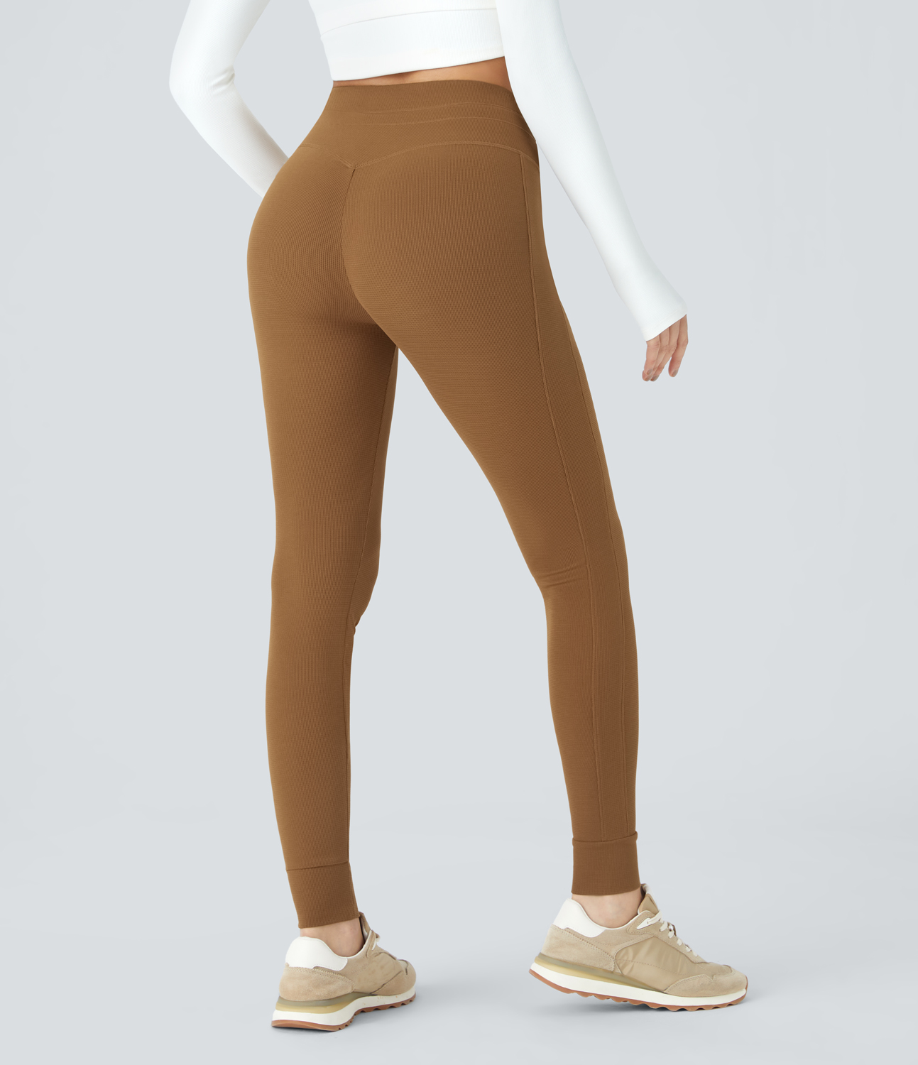 Halara High Waisted Drawstring Side Pocket Waffle Casual Joggers  - Almond Brown - XL(regular) 
