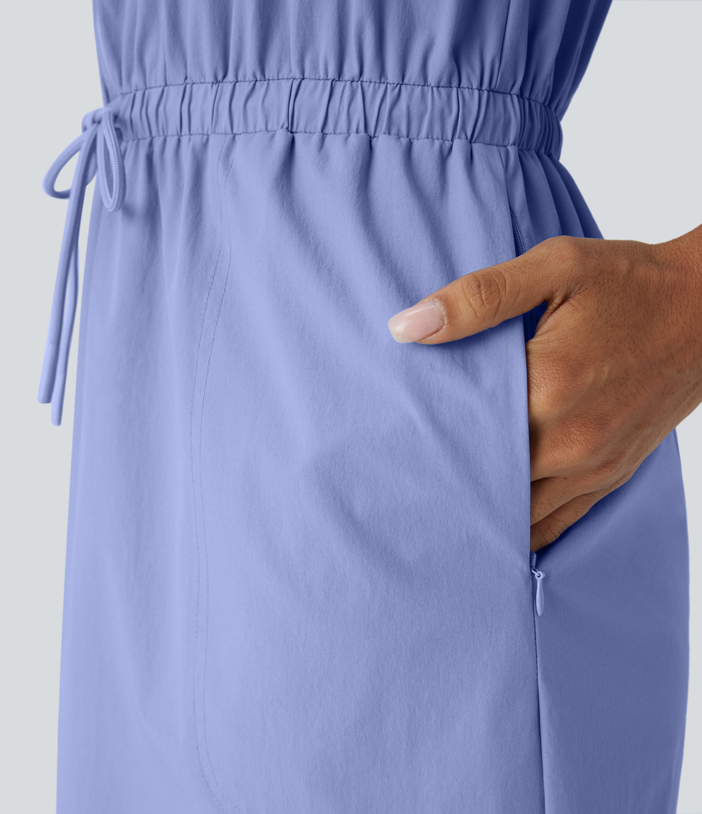 Halara Water Repellent Wear-Resistant U Neck Sleeveless Half Zip Drawstring Side Pocket Curved Hem Mini Hiking Active Dress Workout Dress - Azure Haze - XS 