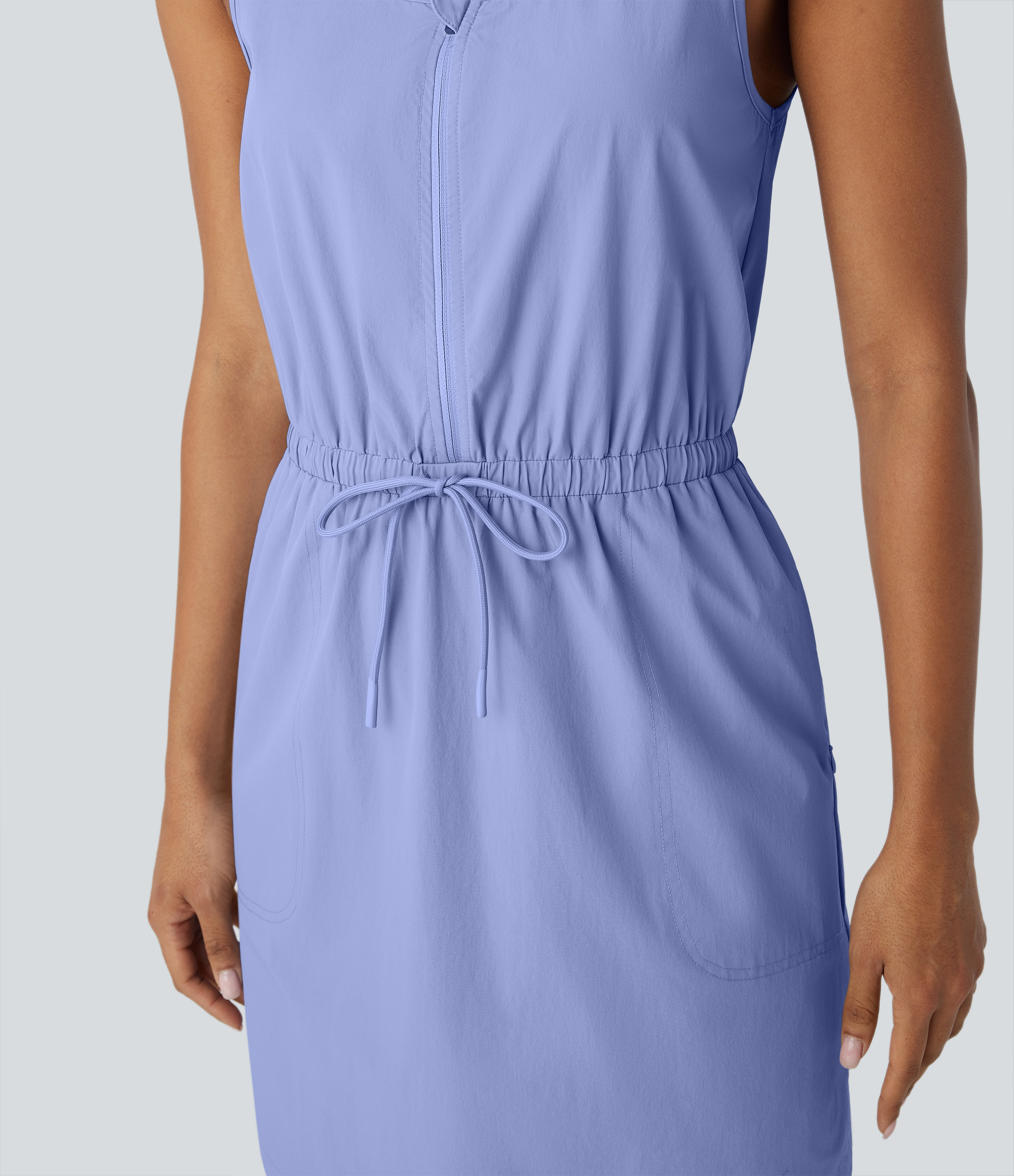 Halara Water Repellent Wear-Resistant U Neck Sleeveless Half Zip Drawstring Side Pocket Curved Hem Mini Hiking Active Dress Workout Dress - Azure Haze - XS 