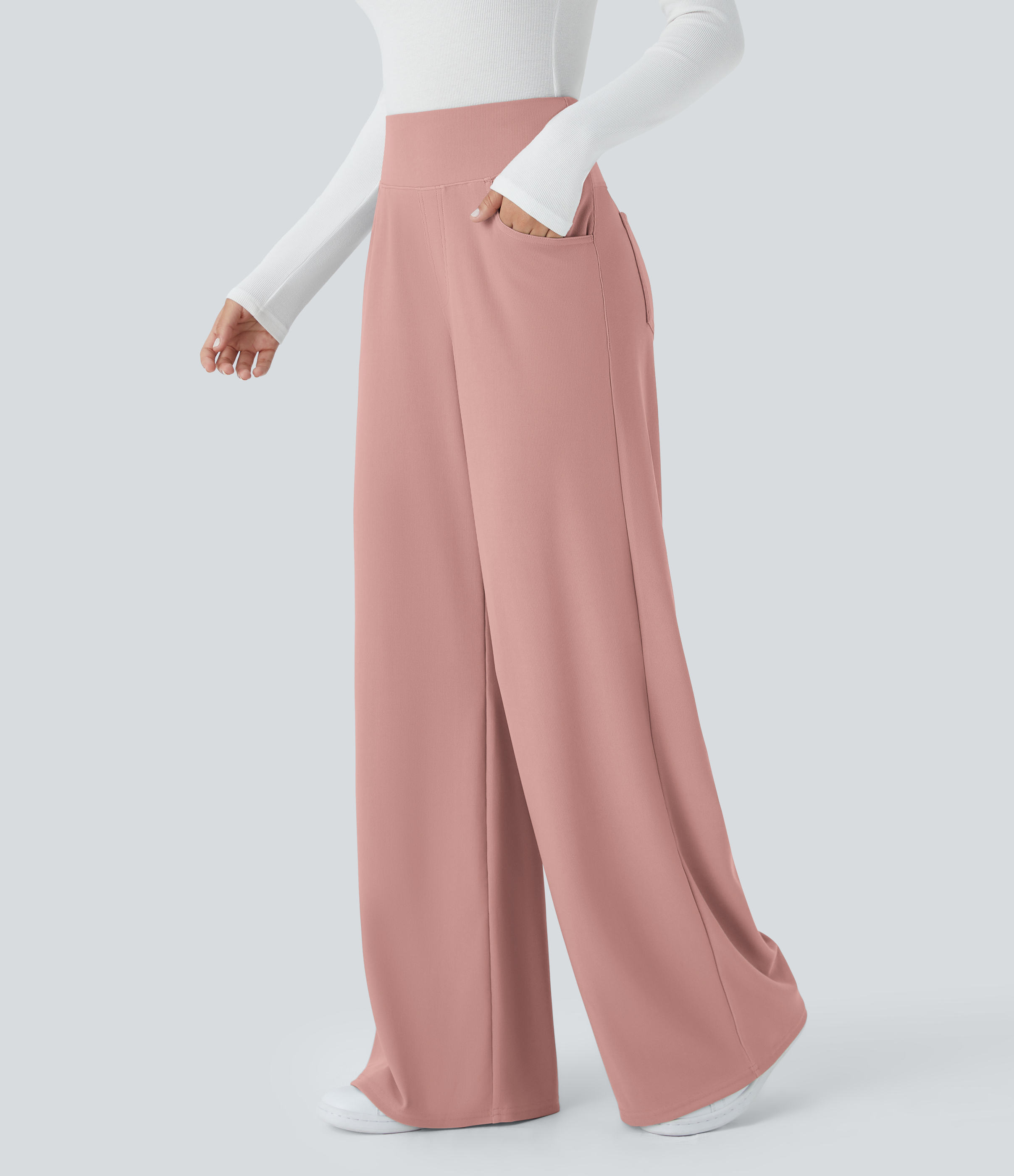 Halara SoCinched High Waisted Tummy Control Multiple Pockets Wide Leg Micro Waffle Work Pants  - Rose Tan - M(regular) sweatpants 
