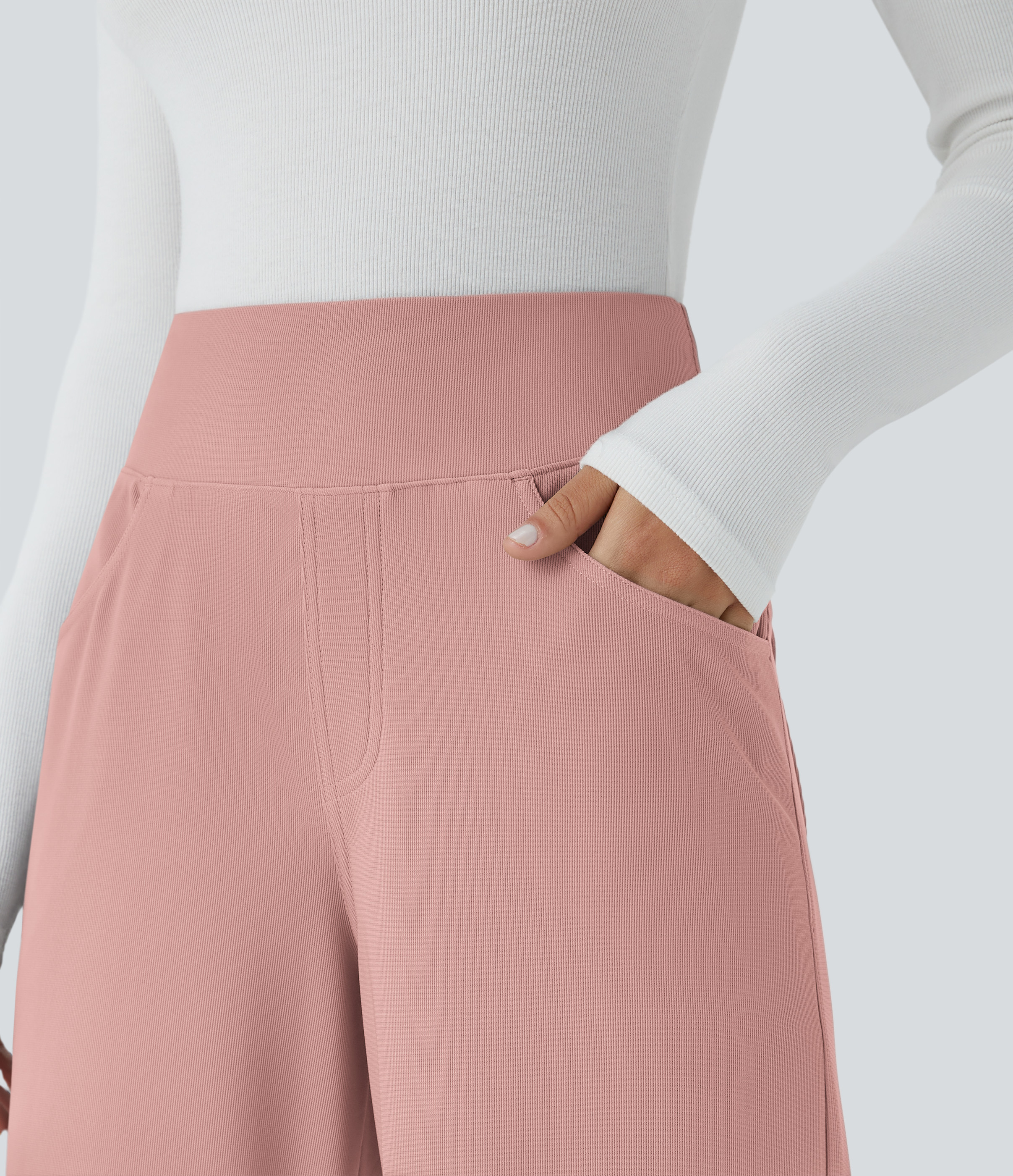 Halara SoCinched High Waisted Tummy Control Multiple Pockets Wide Leg Micro Waffle Work Pants  - Rose Tan - M(regular) sweatpants 