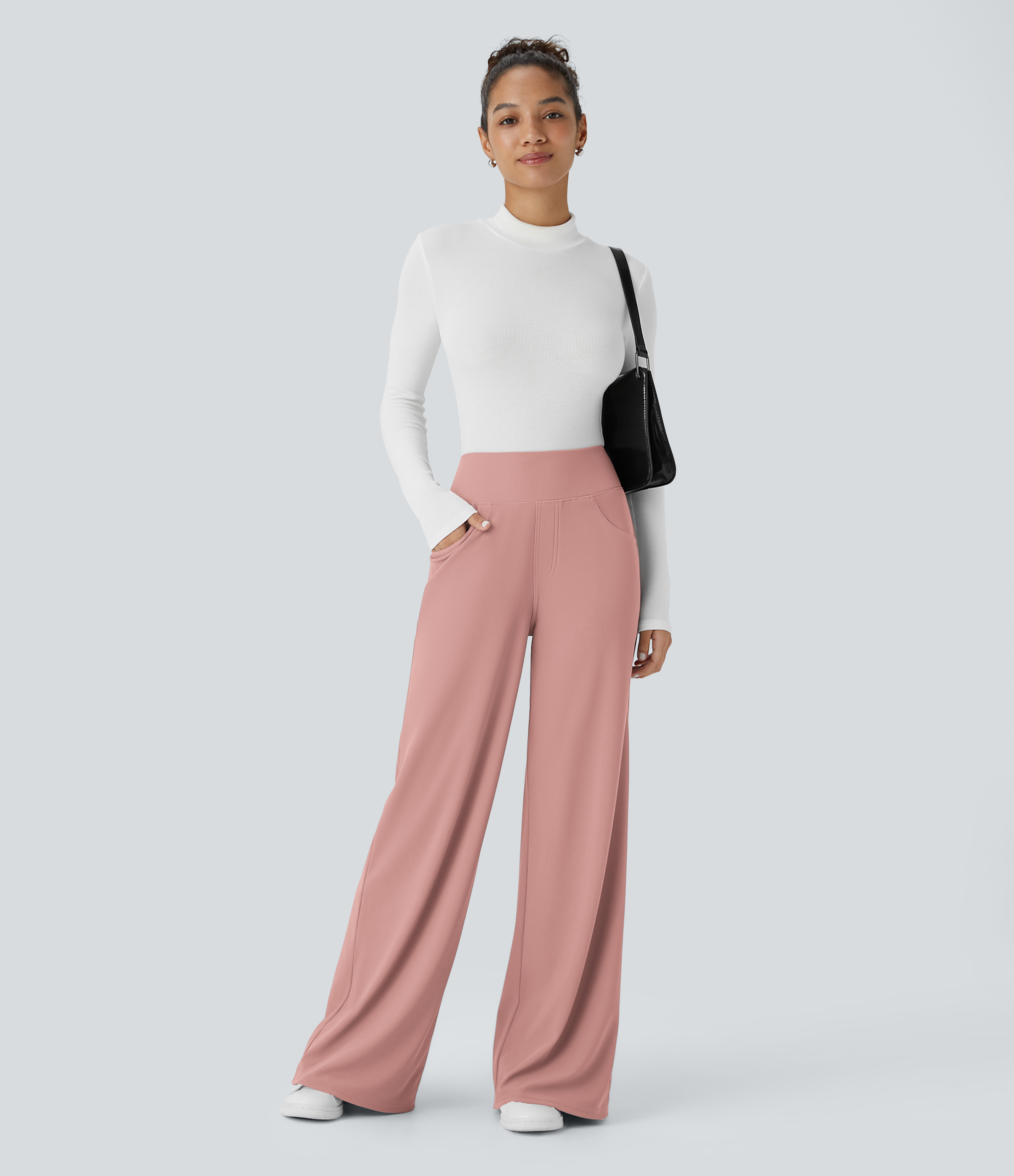 Halara SoCinched High Waisted Tummy Control Multiple Pockets Wide Leg Micro Waffle Work Pants  - Rose Tan - M(regular) sweatpants 