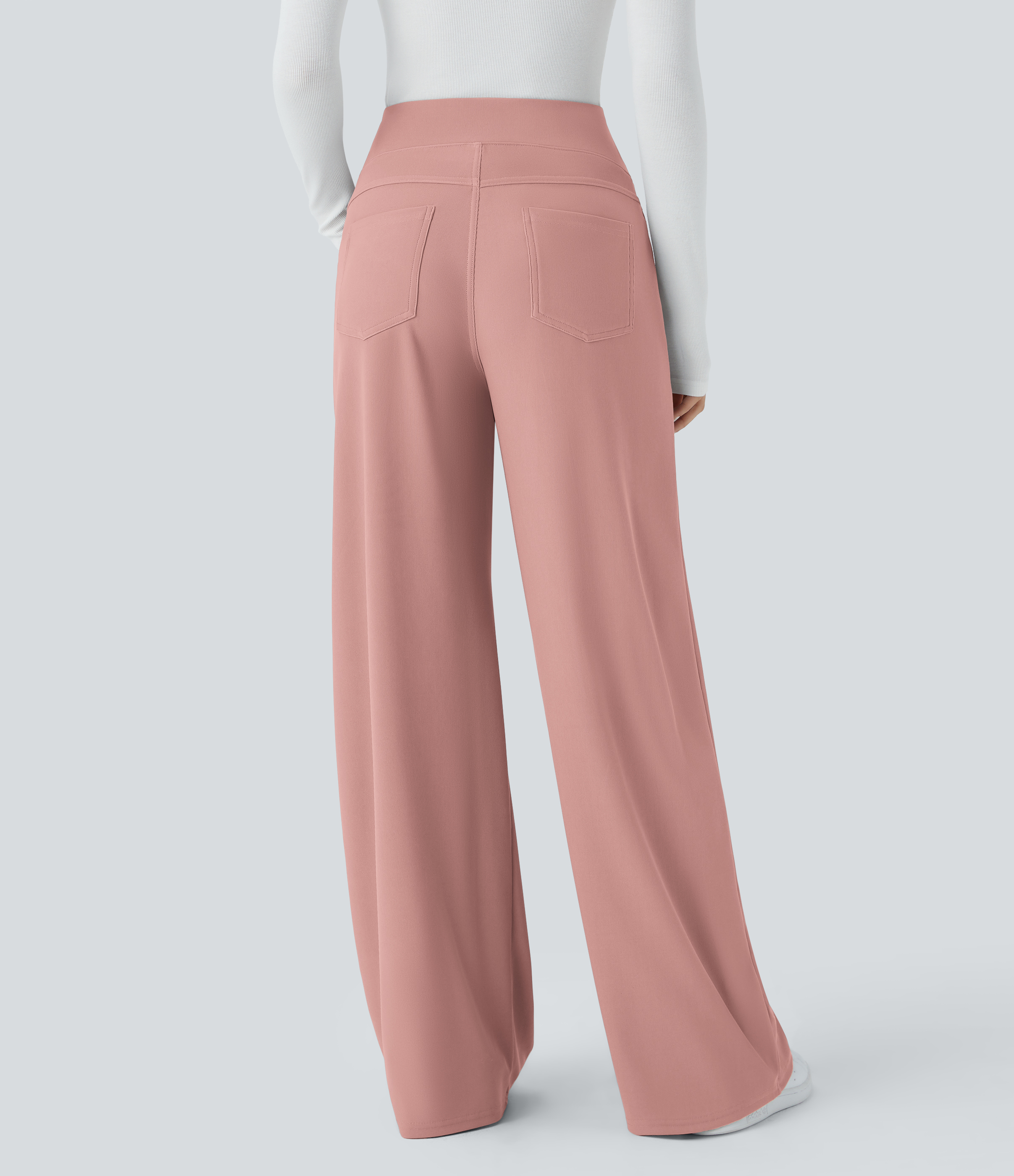 Halara SoCinched High Waisted Tummy Control Multiple Pockets Wide Leg Micro Waffle Work Pants  - Rose Tan - M(regular) sweatpants 