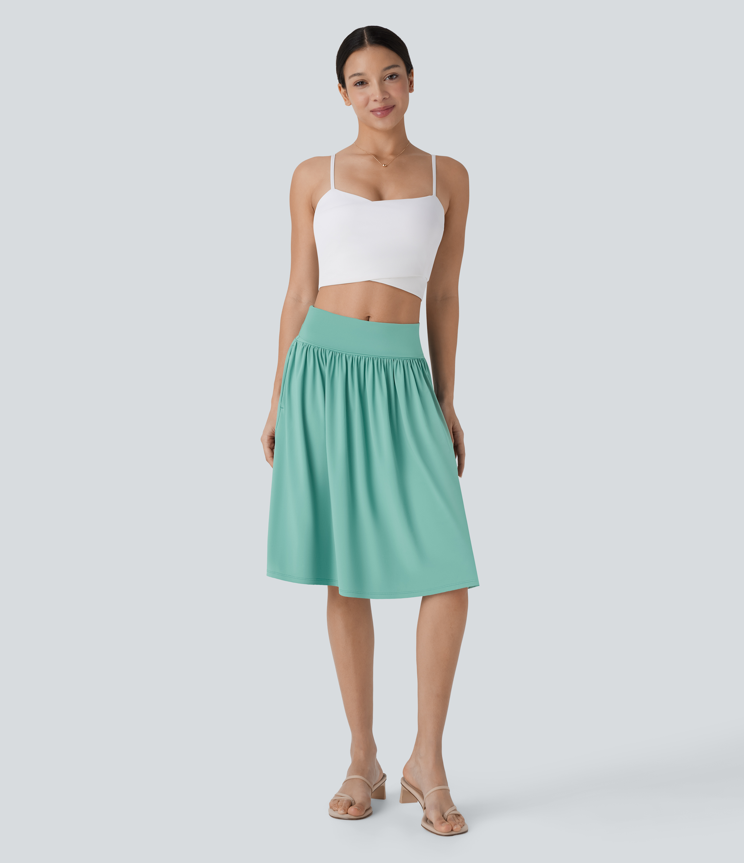 Halara Foldover Mid Rise Side Pocket Flare Midi Resort Skirt  - CrГЁme de Menthe - M(regular) 