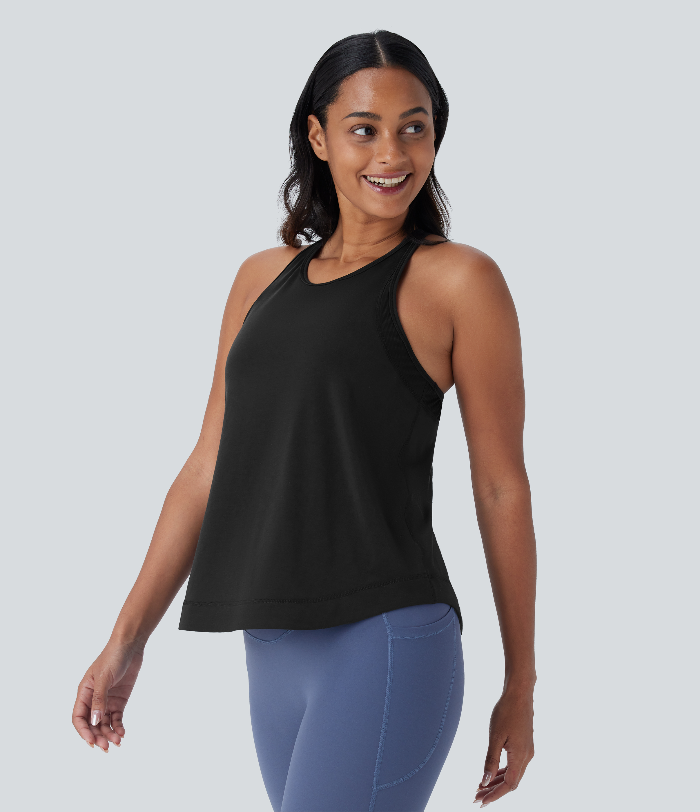 Halara Racerback Curved Hem Stripe Quick Dry Running Tank Top Tank Top - Black - S golf tops halter top tunic tops sleeveless tops 