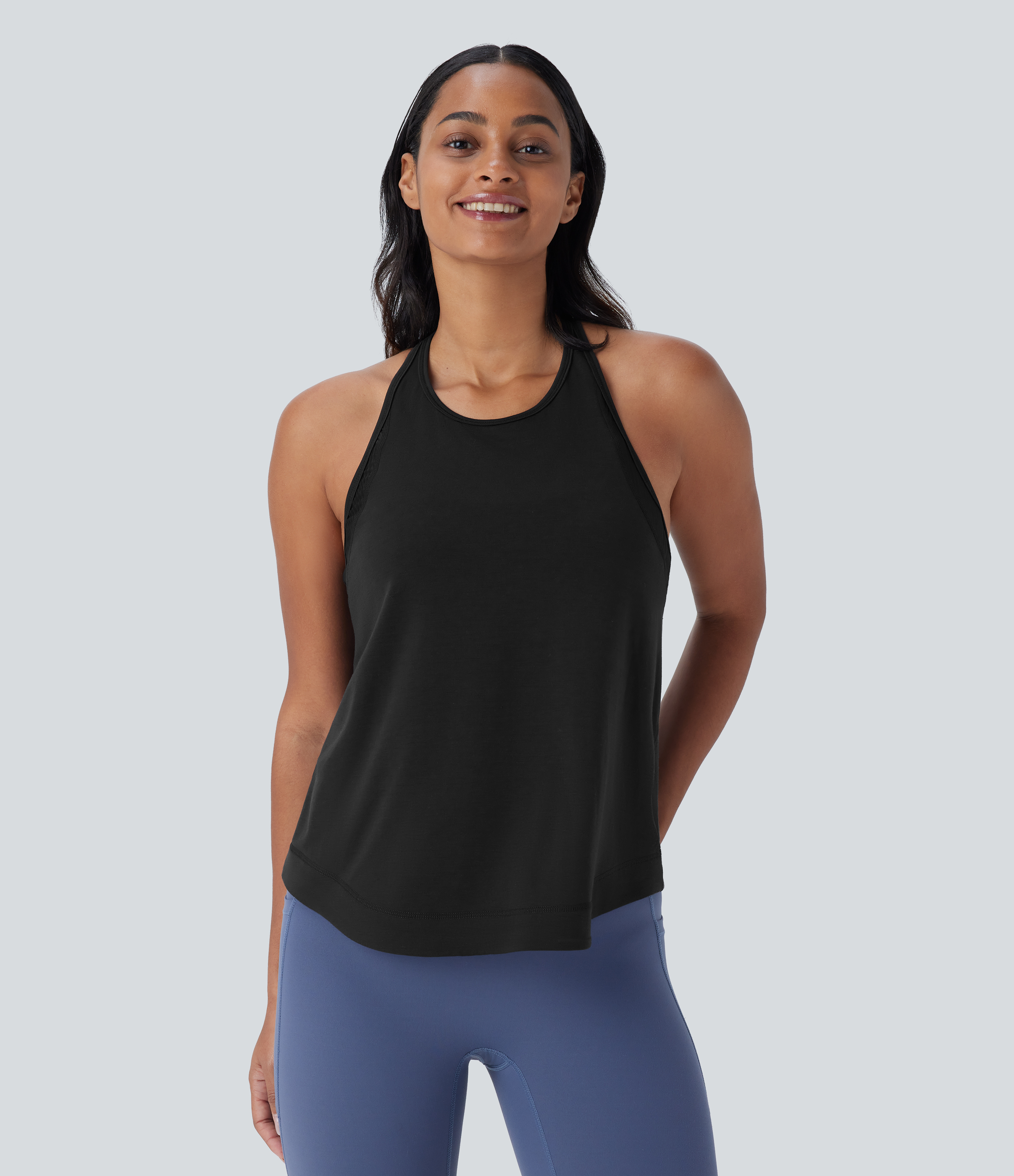 Halara Racerback Curved Hem Stripe Quick Dry Running Tank Top Tank Top - Black - S golf tops halter top tunic tops sleeveless tops 