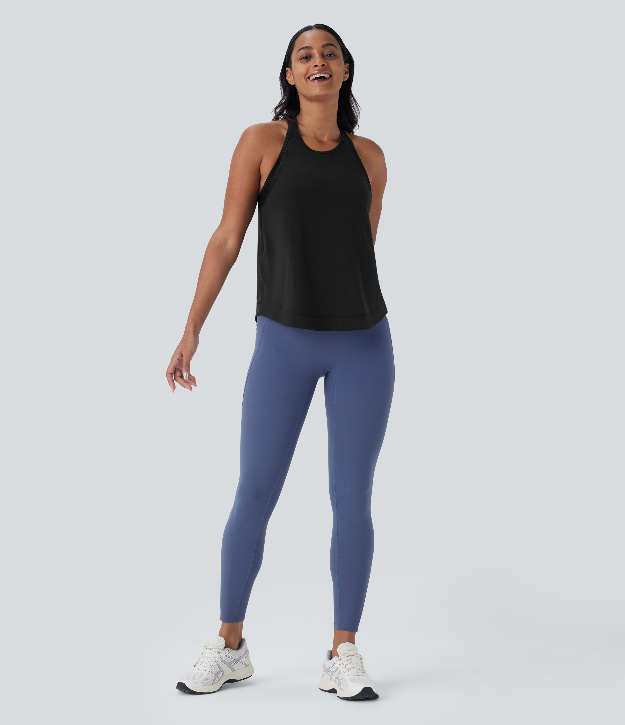 Halara Racerback Curved Hem Stripe Quick Dry Running Tank Top Tank Top - Black - S golf tops halter top tunic tops sleeveless tops 