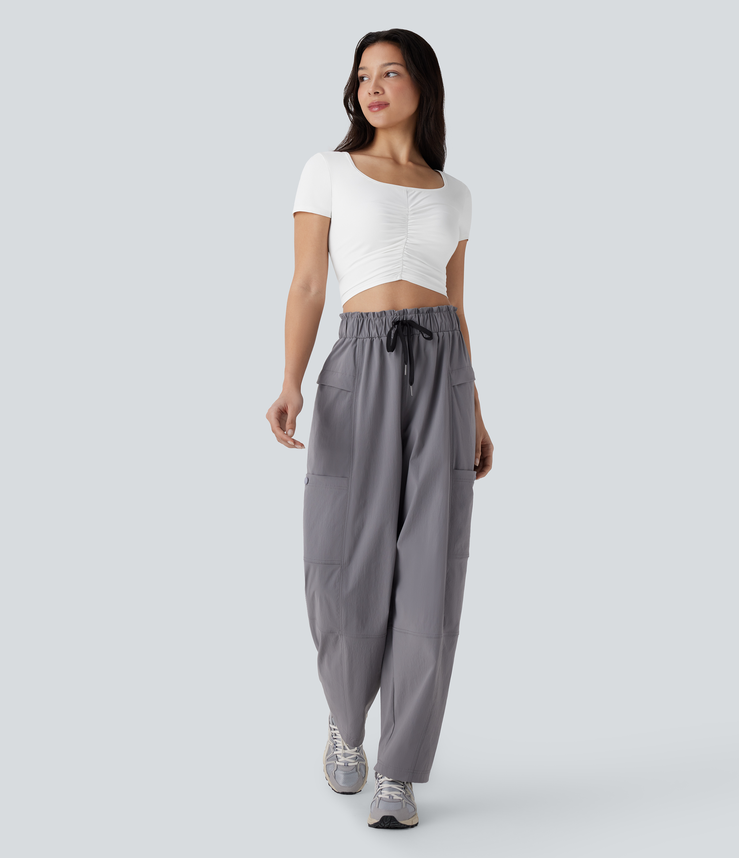 Halara Square Neck Short Sleeve Ruched Cropped Hiking Sports Top-UPF40+  - White - L 