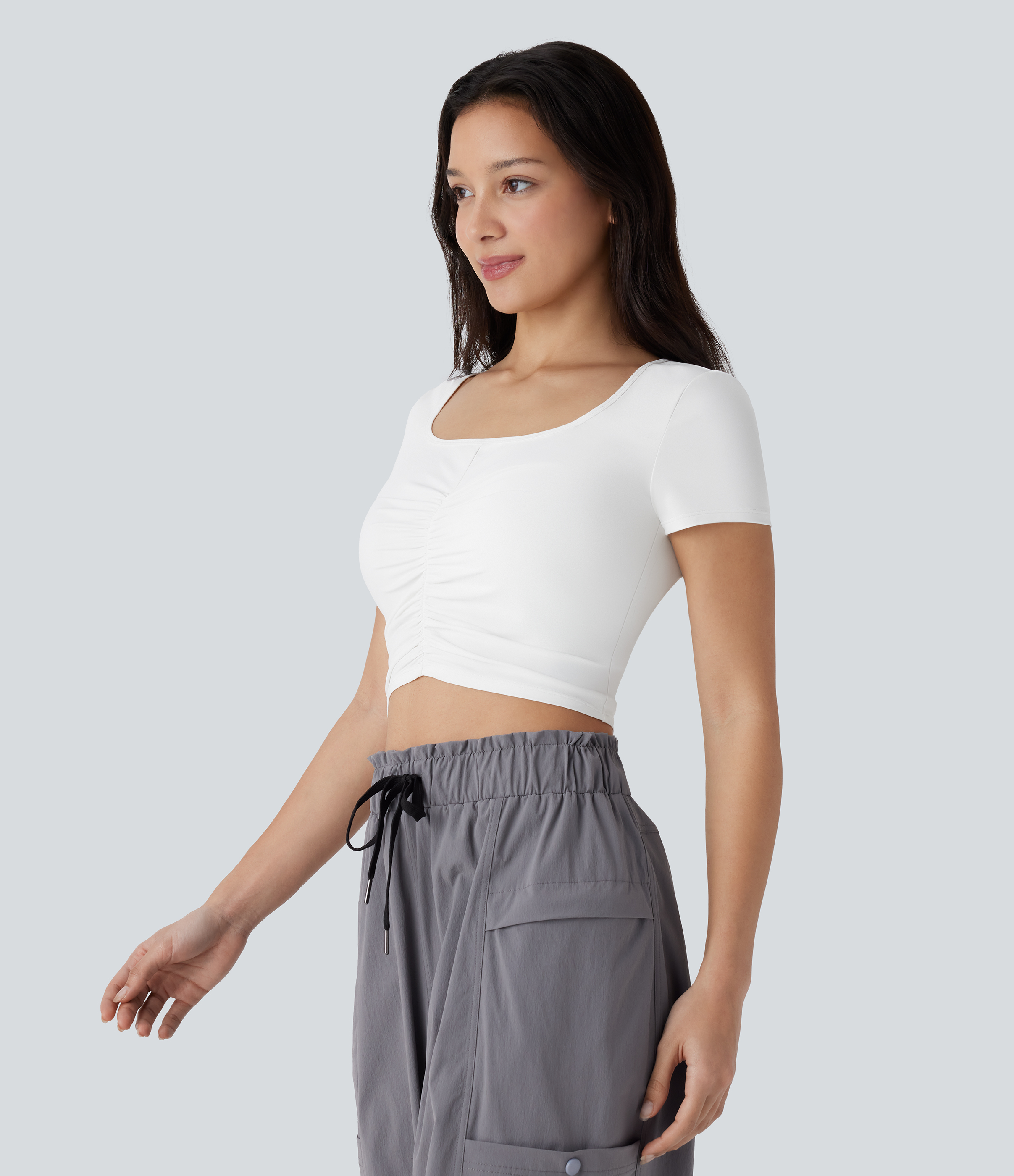 Halara Square Neck Short Sleeve Ruched Cropped Hiking Sports Top-UPF40+  - White - L 