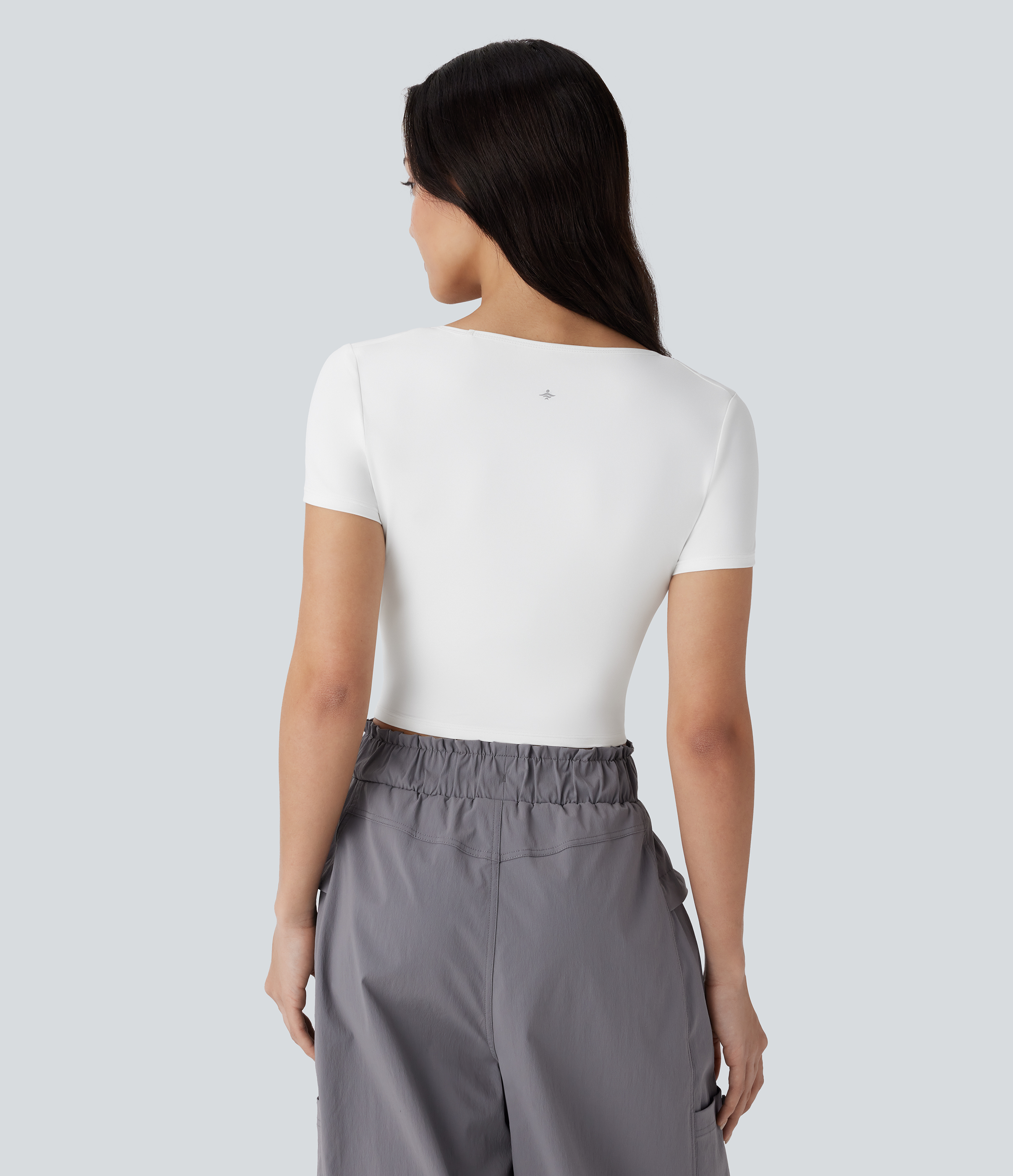 Halara Square Neck Short Sleeve Ruched Cropped Hiking Sports Top-UPF40+  - White - L 