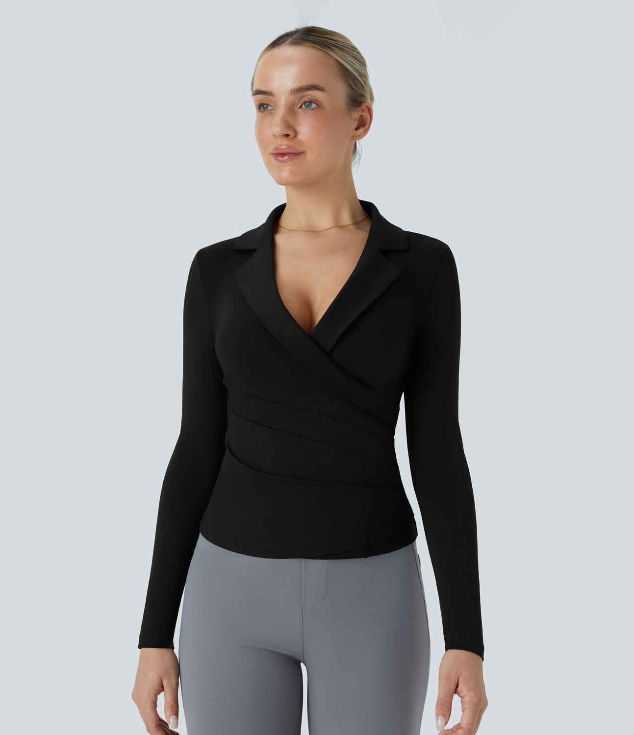 Halara Notched Collar Surplice Long Sleeve Ruched Slim Work Top Tank Top - Black - XL golf tops halter top tunic tops sleeveless tops 
