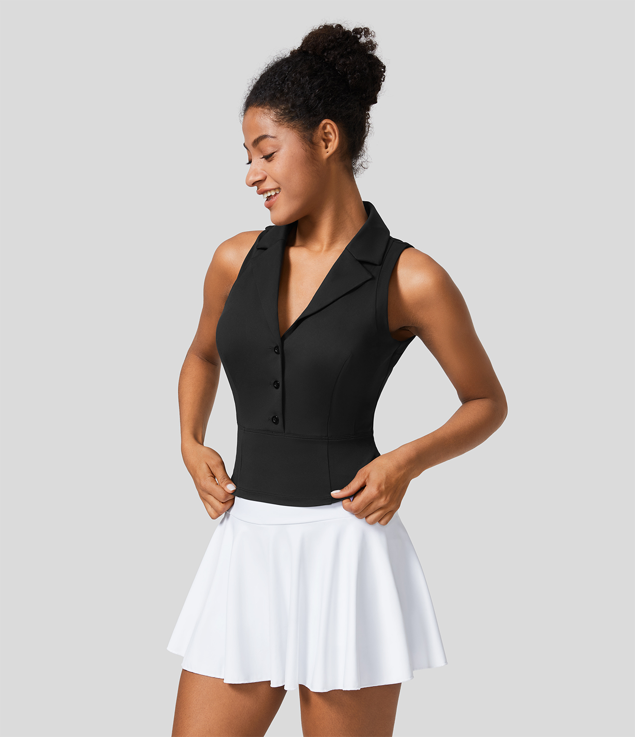 Halara Notched Collar Button Quick Dry Golf Tank Top Tank Top - Black - L golf tops halter top tunic tops sleeveless tops backless top 