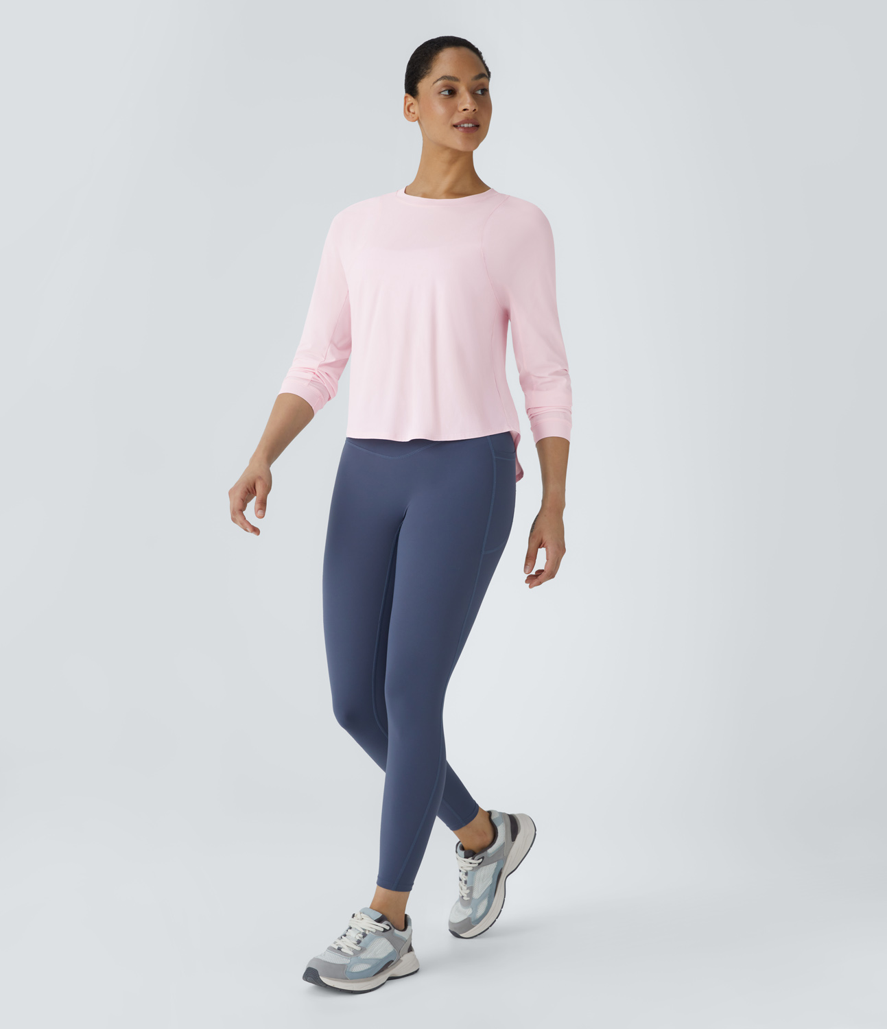 Halara Round Neck Crossover Back High Low Curved Hem Hiking Sports Top  - Rice Pink - S 