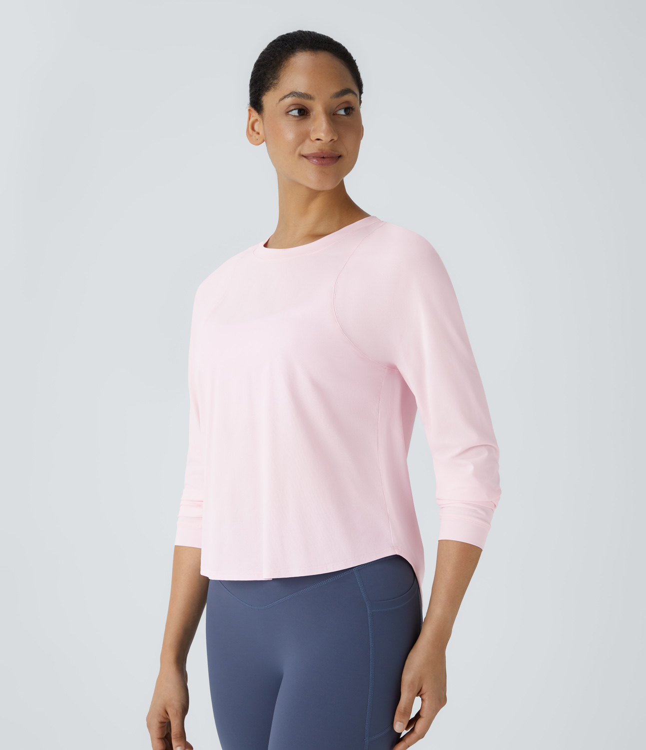 Halara Round Neck Crossover Back High Low Curved Hem Hiking Sports Top  - Rice Pink - S 