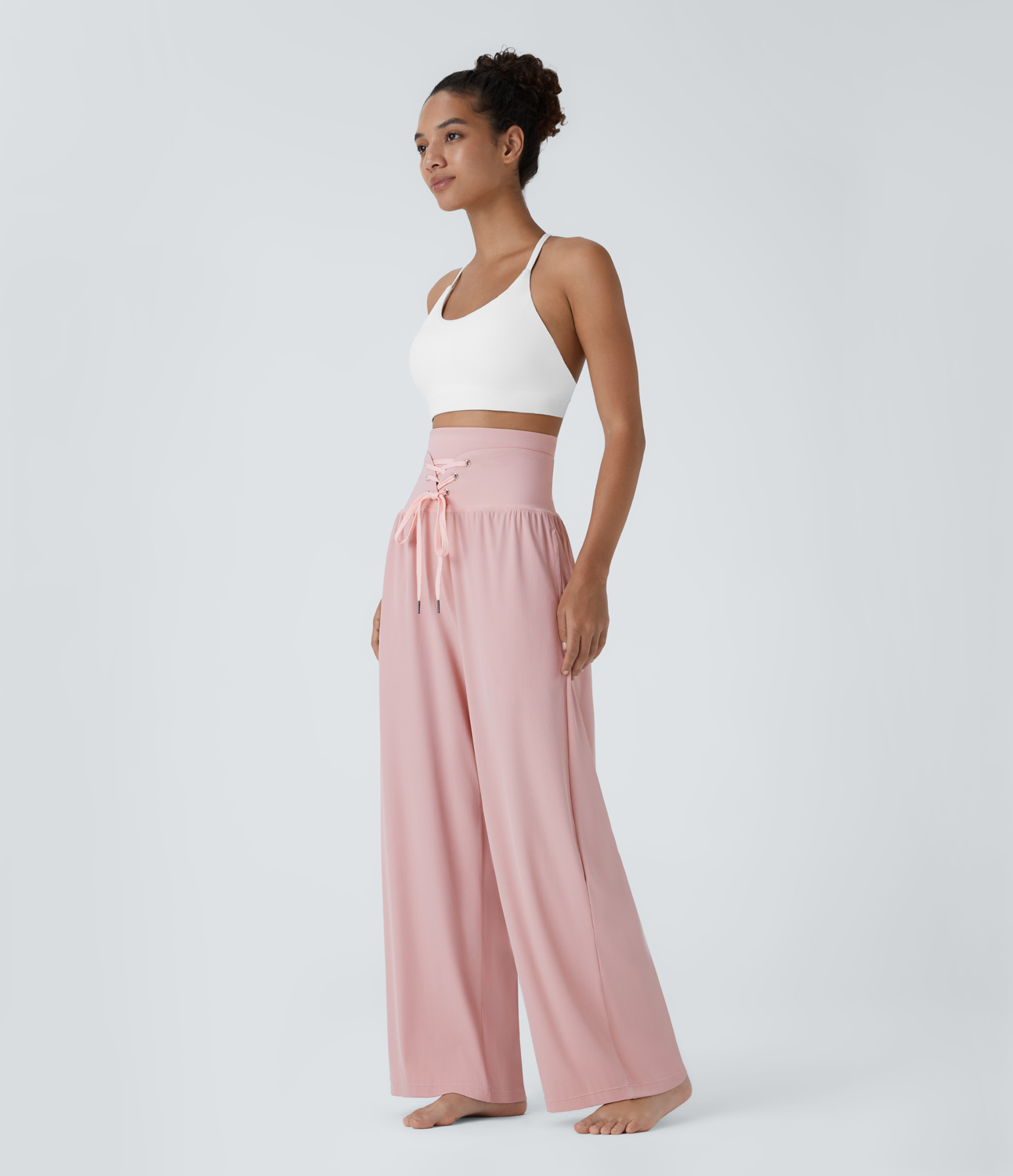 Halara Double-Layer Super High Waisted Crisscross Lace Up Side Pocket Yoga Pants  - Barely There - XS(regular) 