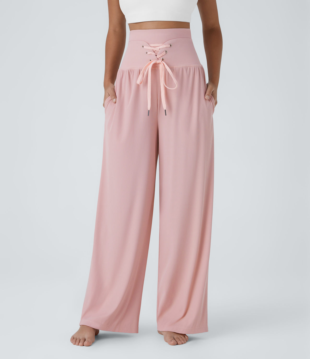 Halara Double-Layer Super High Waisted Crisscross Lace Up Side Pocket Yoga Pants  - Barely There - XS(regular) 