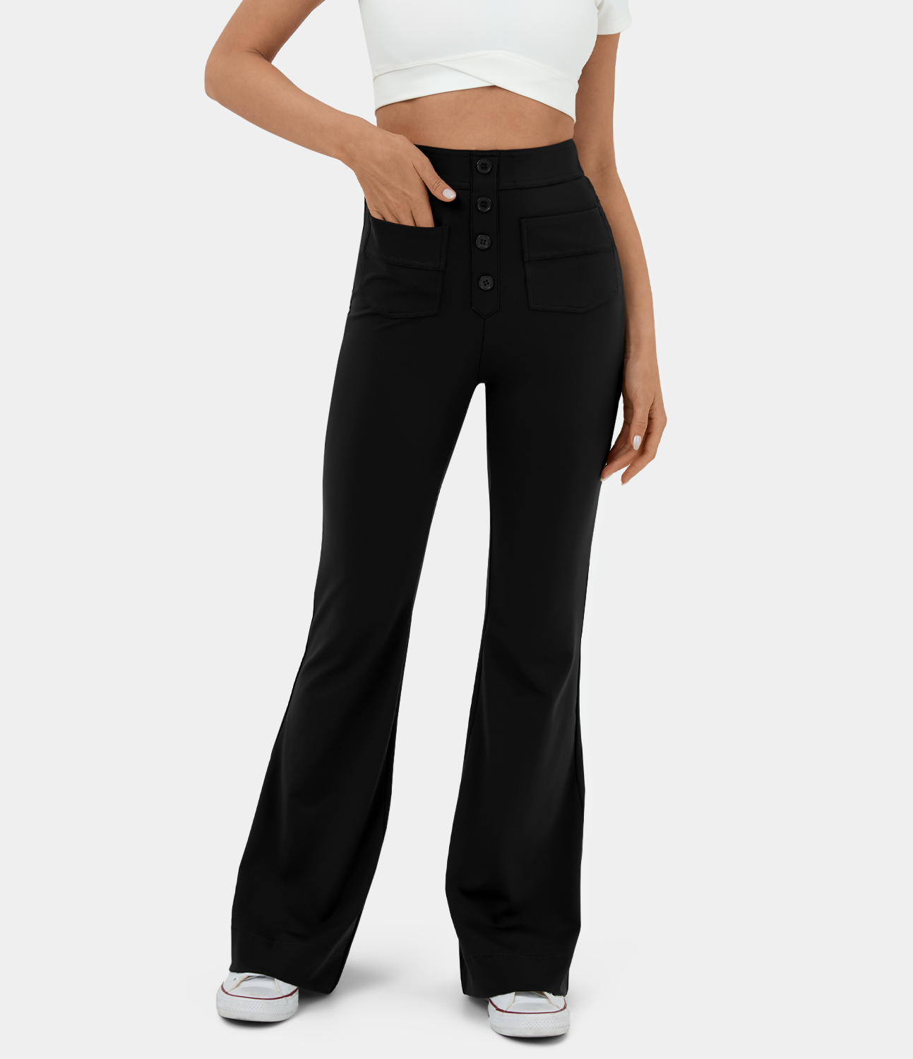 

Halara High Waisted Button Multiple Pockets Flare Casual Pants - Black