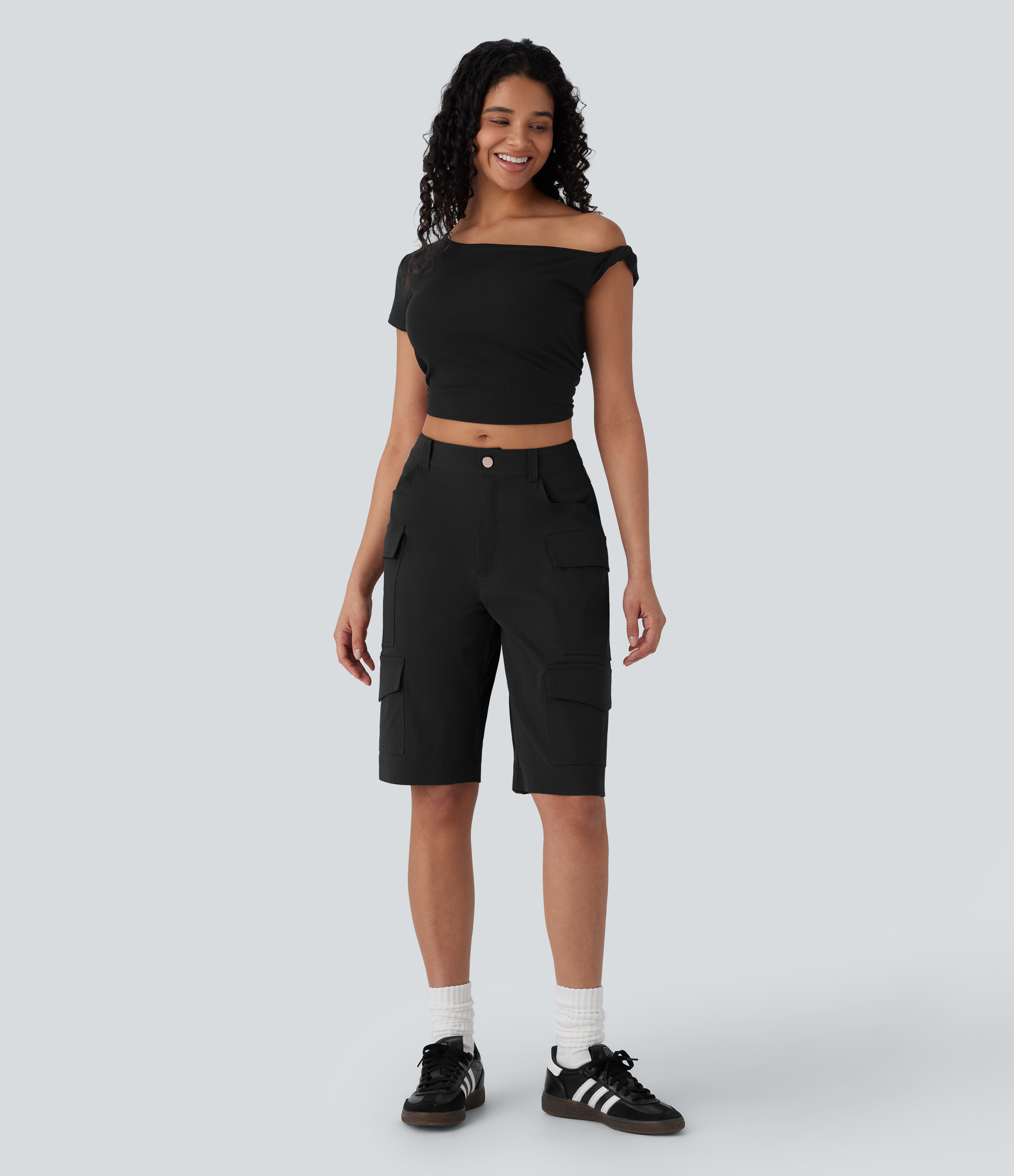 Halara Mid Rise Multiple Pockets Casual Cargo Bermuda Shorts  - Black - XL booty shorts compression shorts yoga shorts 