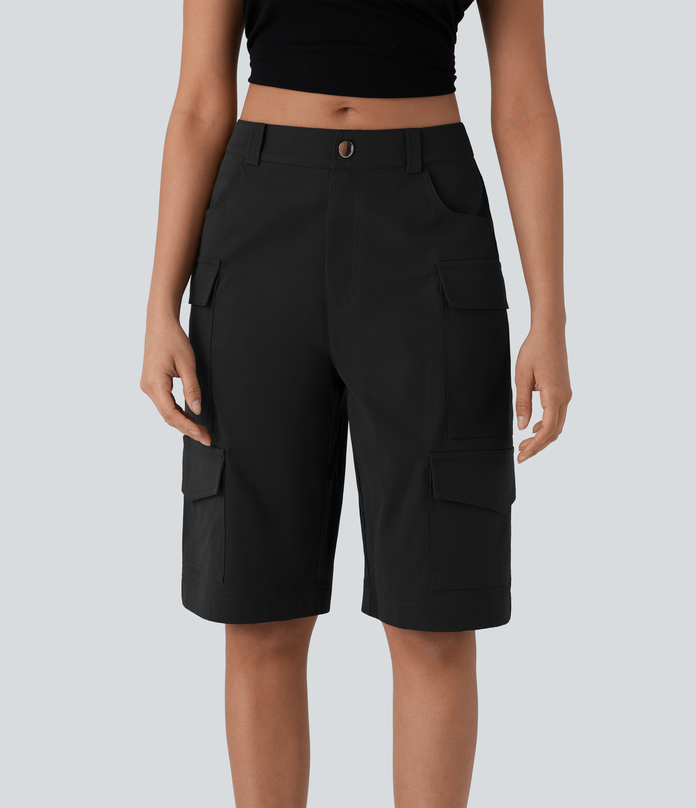 Halara Mid Rise Multiple Pockets Casual Cargo Bermuda Shorts  - Black - XL booty shorts compression shorts yoga shorts 