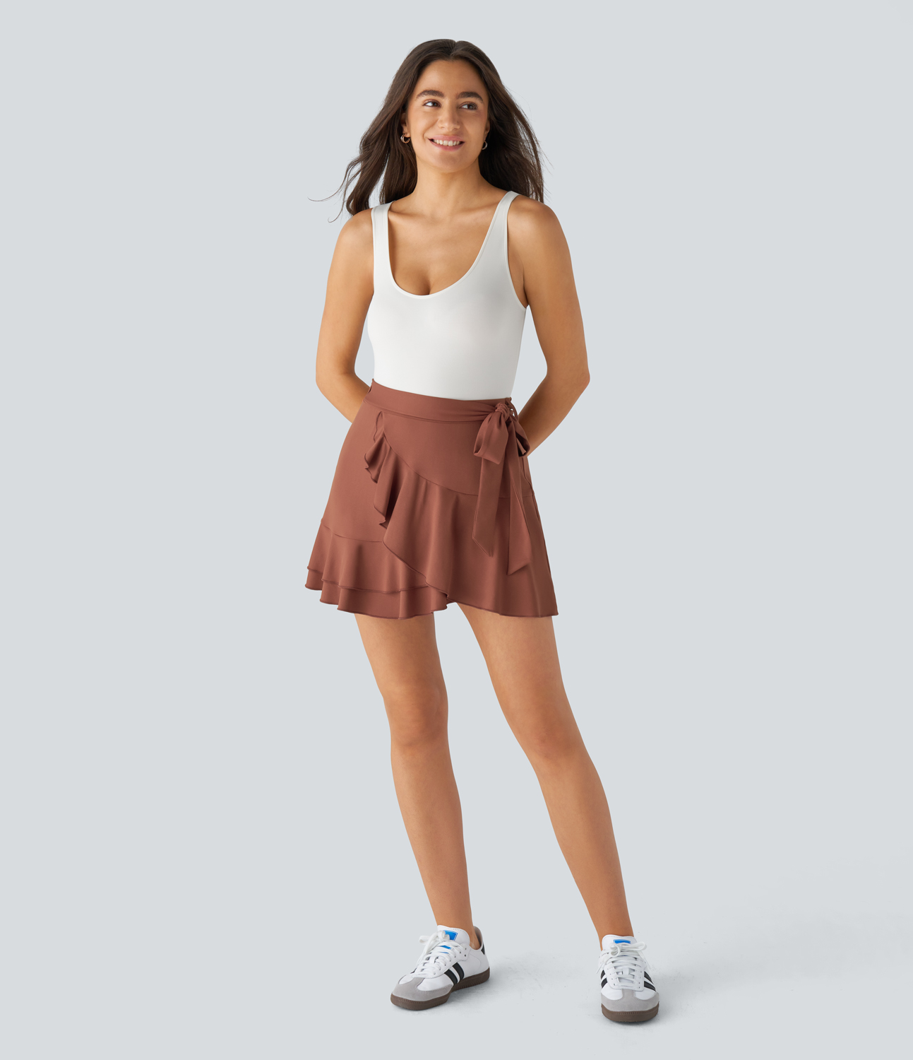 Halara High Waisted Belted 2-in-1 Side Pocket Ruffle Mini Casual Skirt  - Maple Syrup - XS(regular) 