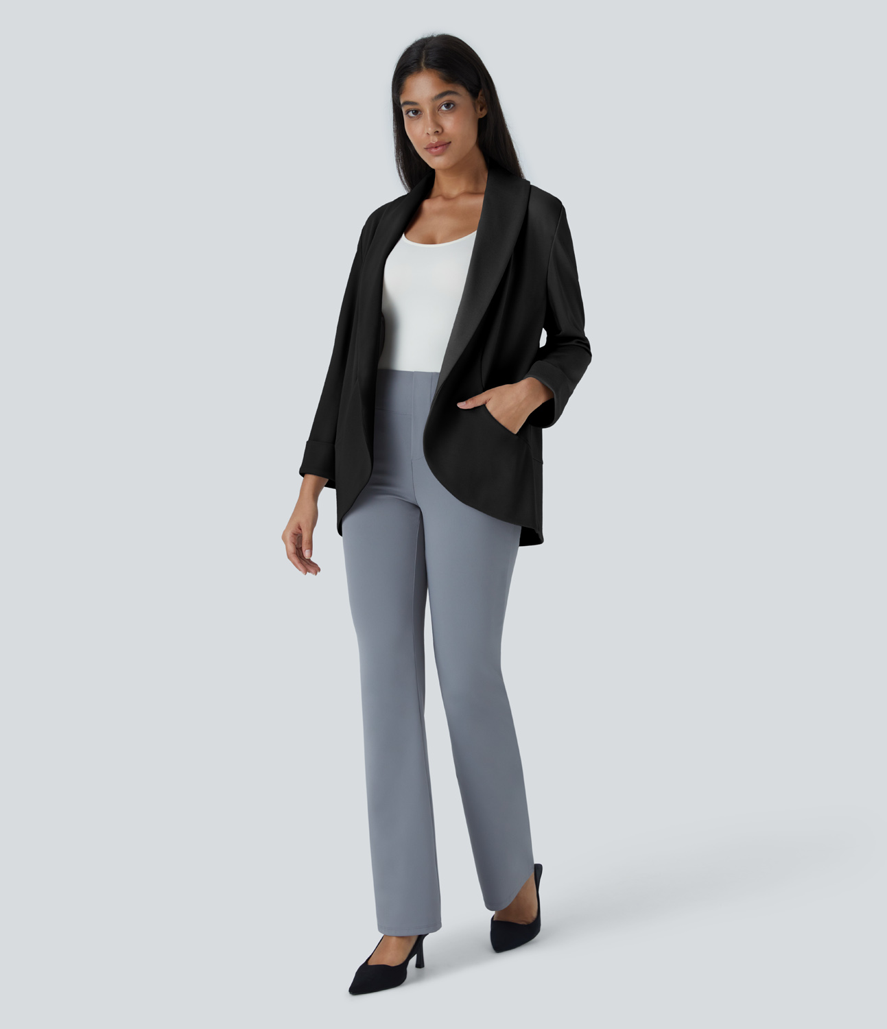 Halara Open Front Long Sleeve Side Pocket Work Blazer  - Black - L 