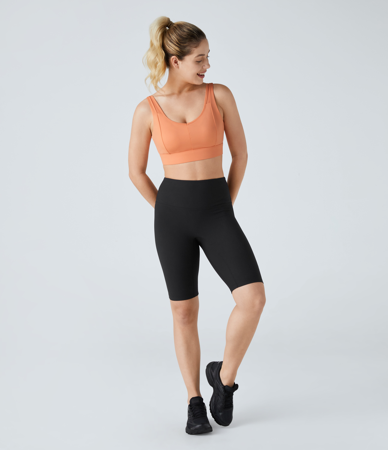 Halara Medium Support U Neck Backless Adjustable Buckle Running Sports Bra  - Cantaloupe - XS push up bra strapless bra backless bra 