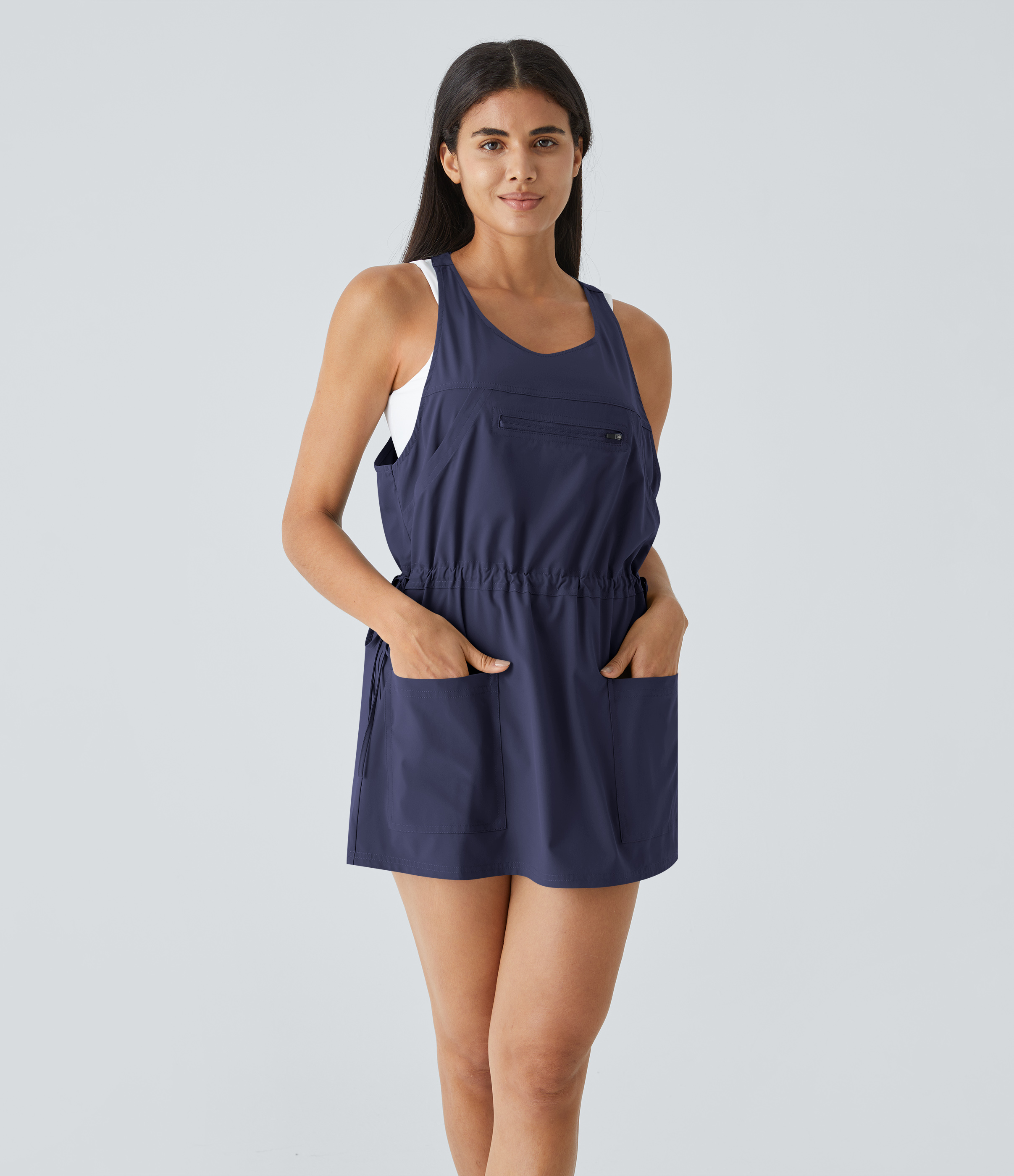 Halara Breezefulв„ў Backless Multiple Pockets Drawstring 2-Piece Quick Dry Mini Hiking Active Dress Workout Dress - Patriot Blue - S 