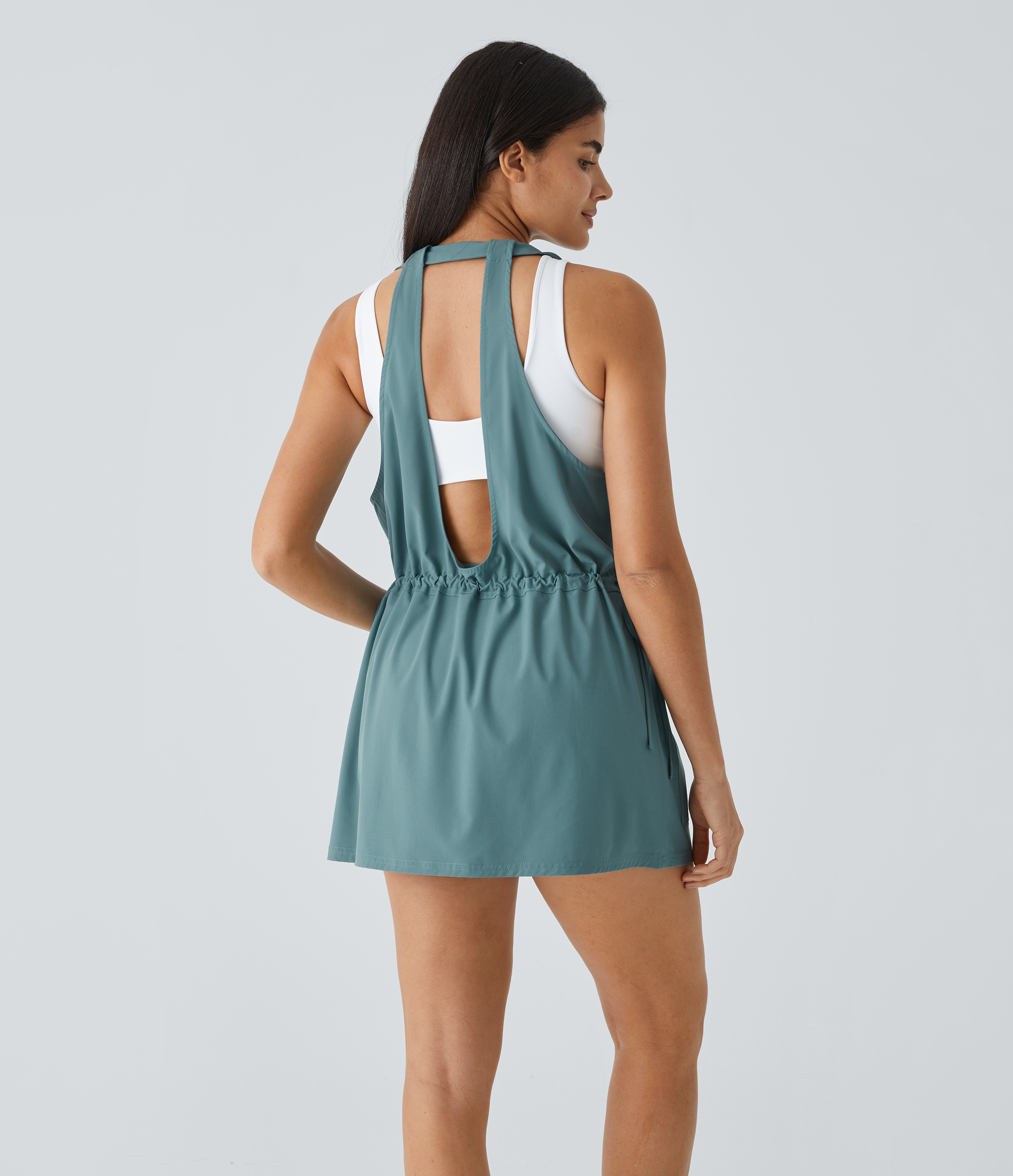Halara Breezefulв„ў Backless Multiple Pockets Drawstring 2-Piece Quick Dry Mini Hiking Active Dress Workout Dress - Stone Blue - XL 
