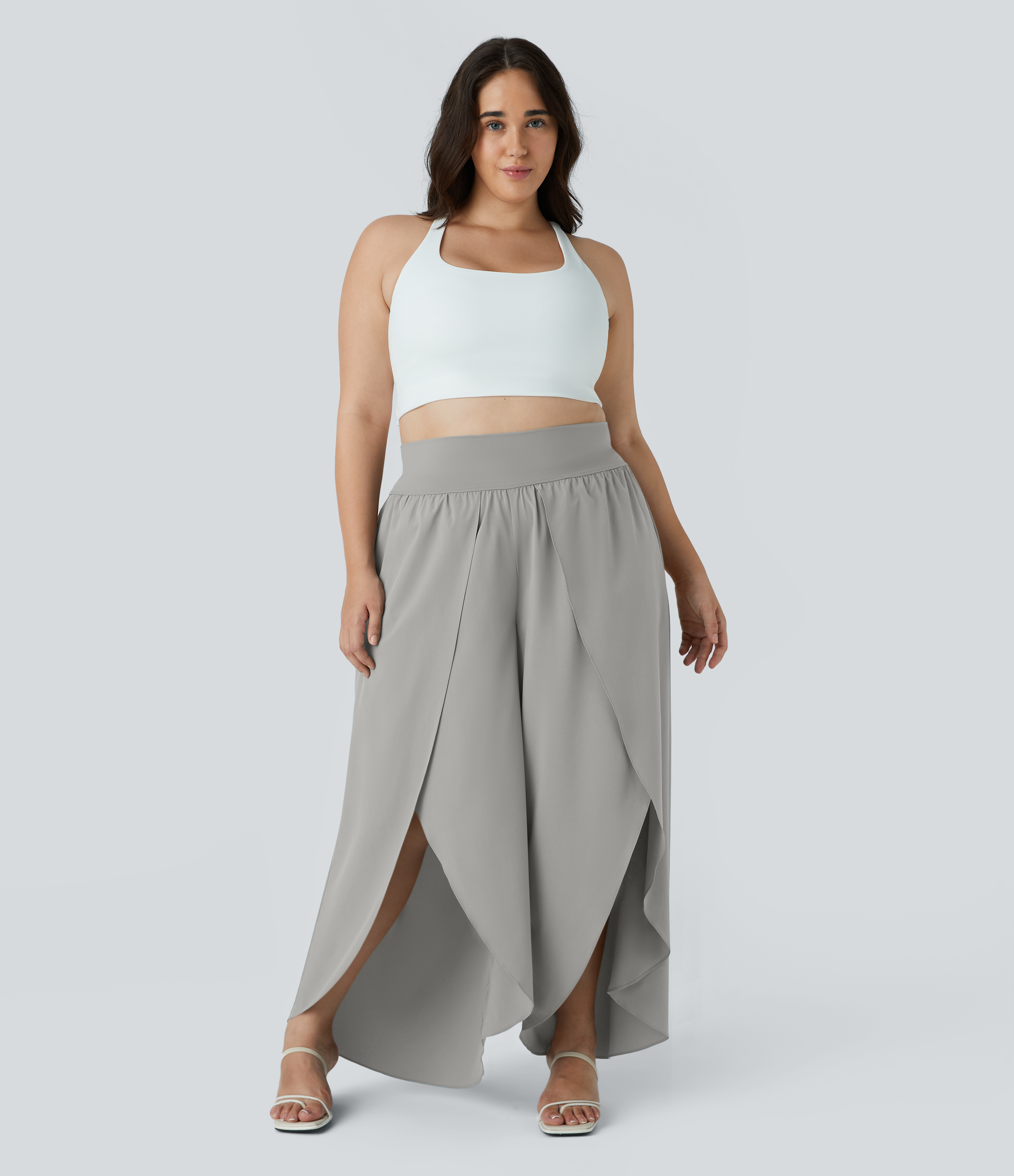 Halara Breezefulв„ў High Waisted Back Waistband Pocket Palazzo Flowy Split Wide Leg Quick Dry Casual Plus Size Pants  - Ghost Gray - 2X(regular) 