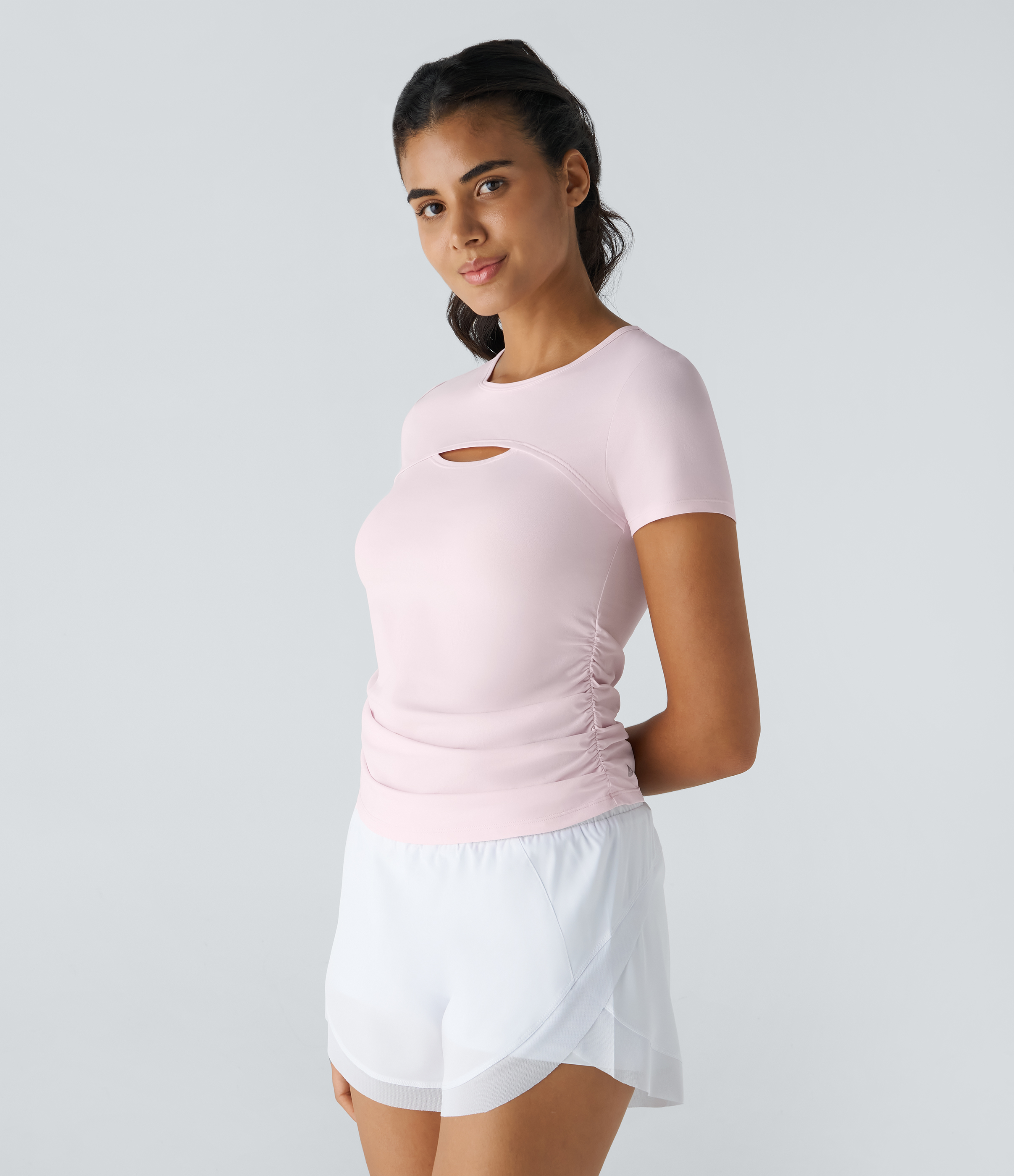 Halara Short Sleeve Cut Out Ruched Quick Dry Workout Sports Top Tank Top - Rice Pink - XL golf tops halter top tunic tops sleeveless tops 