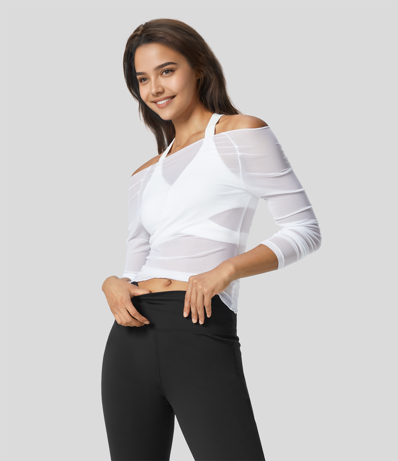 Halara Sheer Off Shoulder Long Sleeve Contrast Mesh Casual Top Tank Top - White - XS golf tops halter top tunic tops sleeveless tops 
