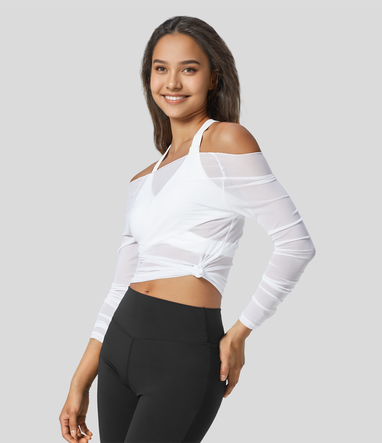 Halara Sheer Off Shoulder Long Sleeve Contrast Mesh Casual Top Tank Top - White - XS golf tops halter top tunic tops sleeveless tops 