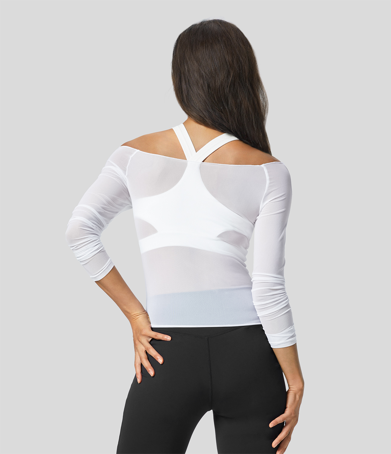 Halara Sheer Off Shoulder Long Sleeve Contrast Mesh Casual Top Tank Top - White - XS golf tops halter top tunic tops sleeveless tops 